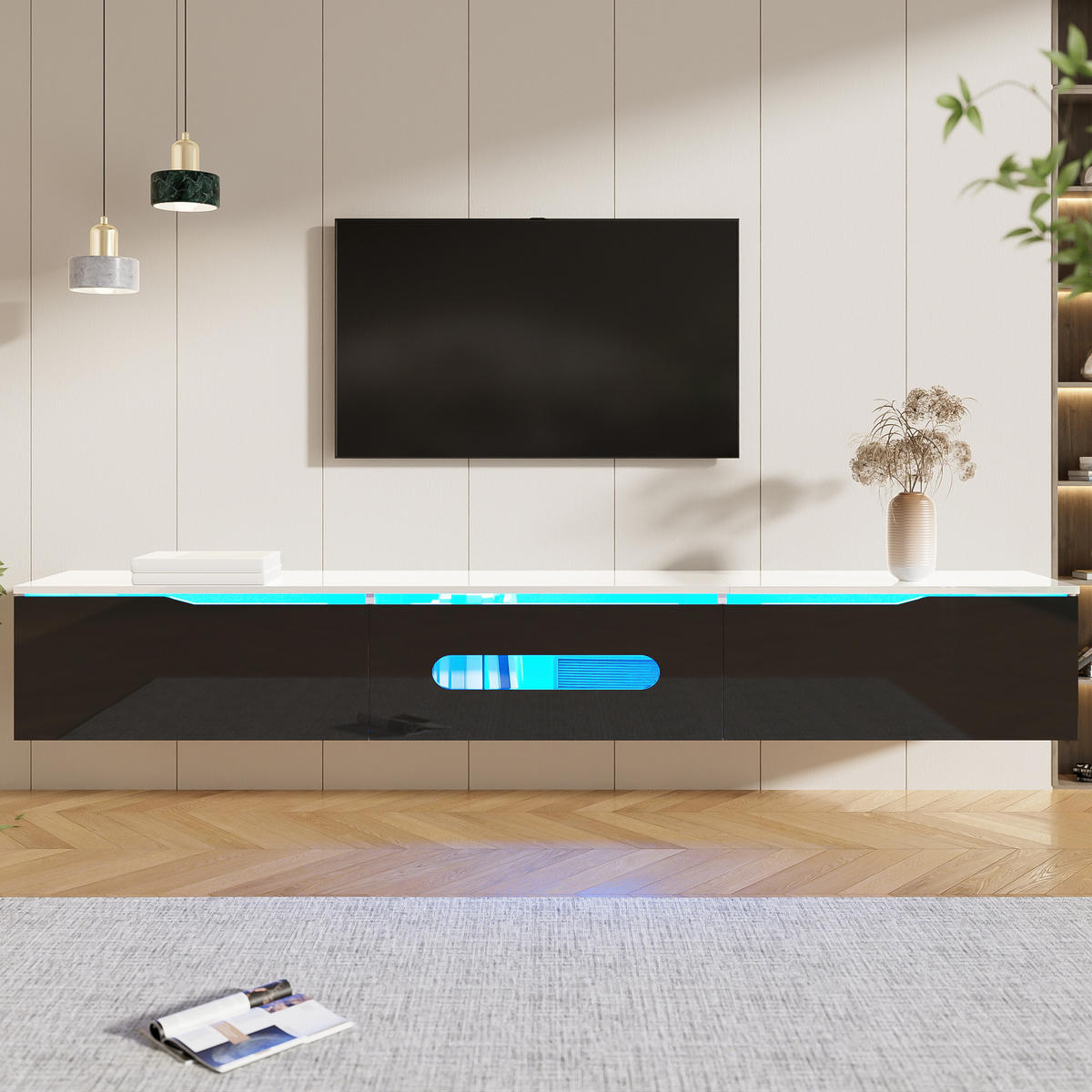 LOWBOARD in Schwarz und Weiß TV Schrank mit 16-Farben LED-Beleuchtung, wandmontierbar, B180/T35/H30cm - Schwarz/Weiß, Holzwerkstoff (180/30/35cm) - STILVORA
