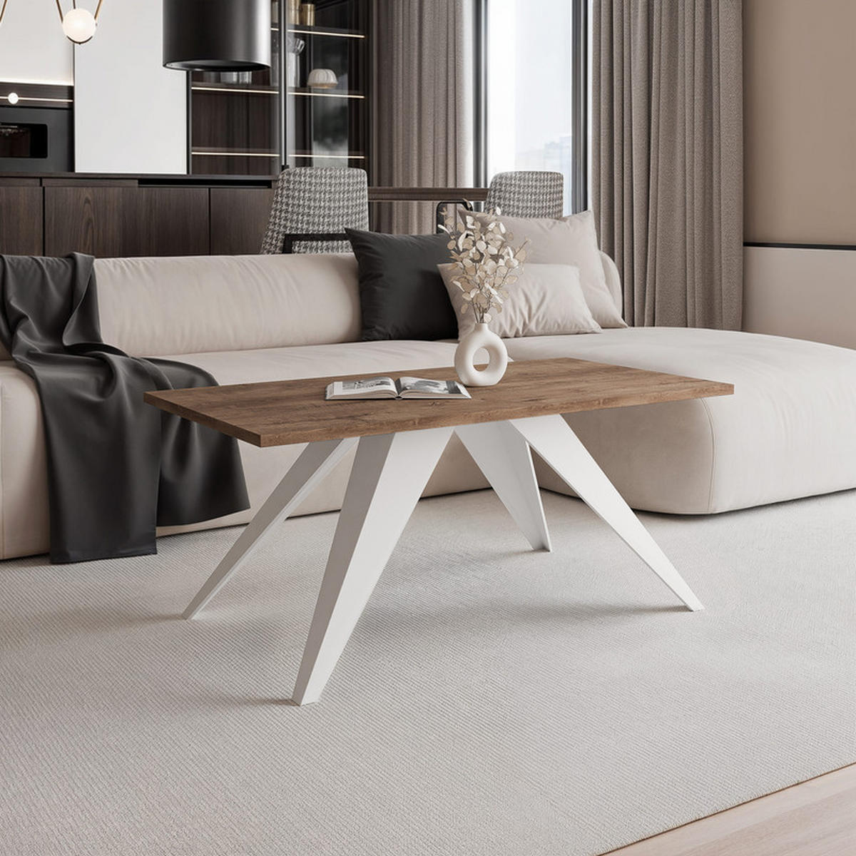 COUCHTISCH AIRA 120/60/48 cm Rechteckig, Weiß/Lefkas-Eiche - Eichefarben/Weiß, Metall (60/120/48cm) - Idohome