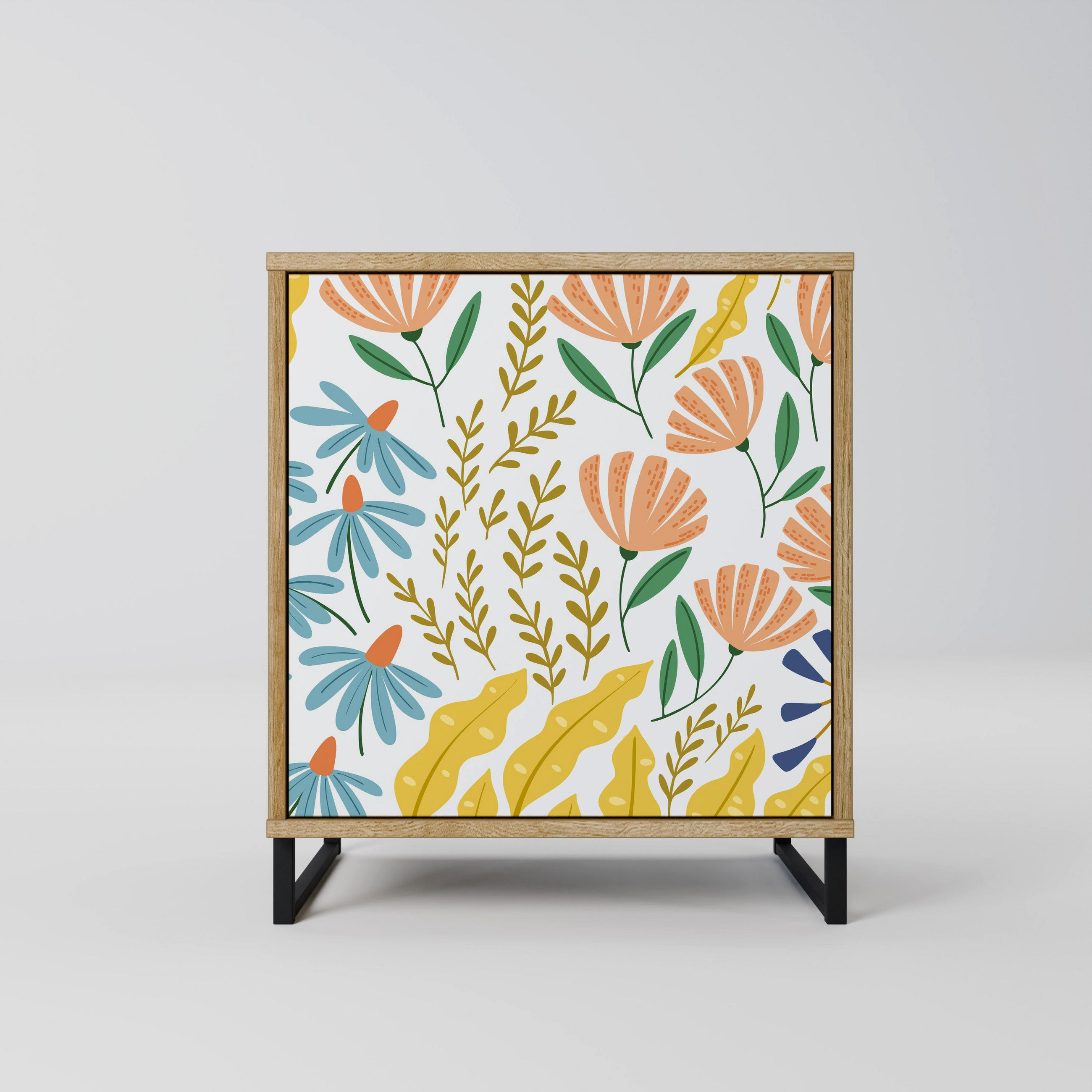 SIDEBOARD HELLO SPRING, Eichefarben, 57,5x42x67,5 cm, Schwarze Metall-Rahmenfüße - Eichefarben/Multicolor, Holzwerkstoff/Metall (57.5/67.5/42cm) - SpaceRebels