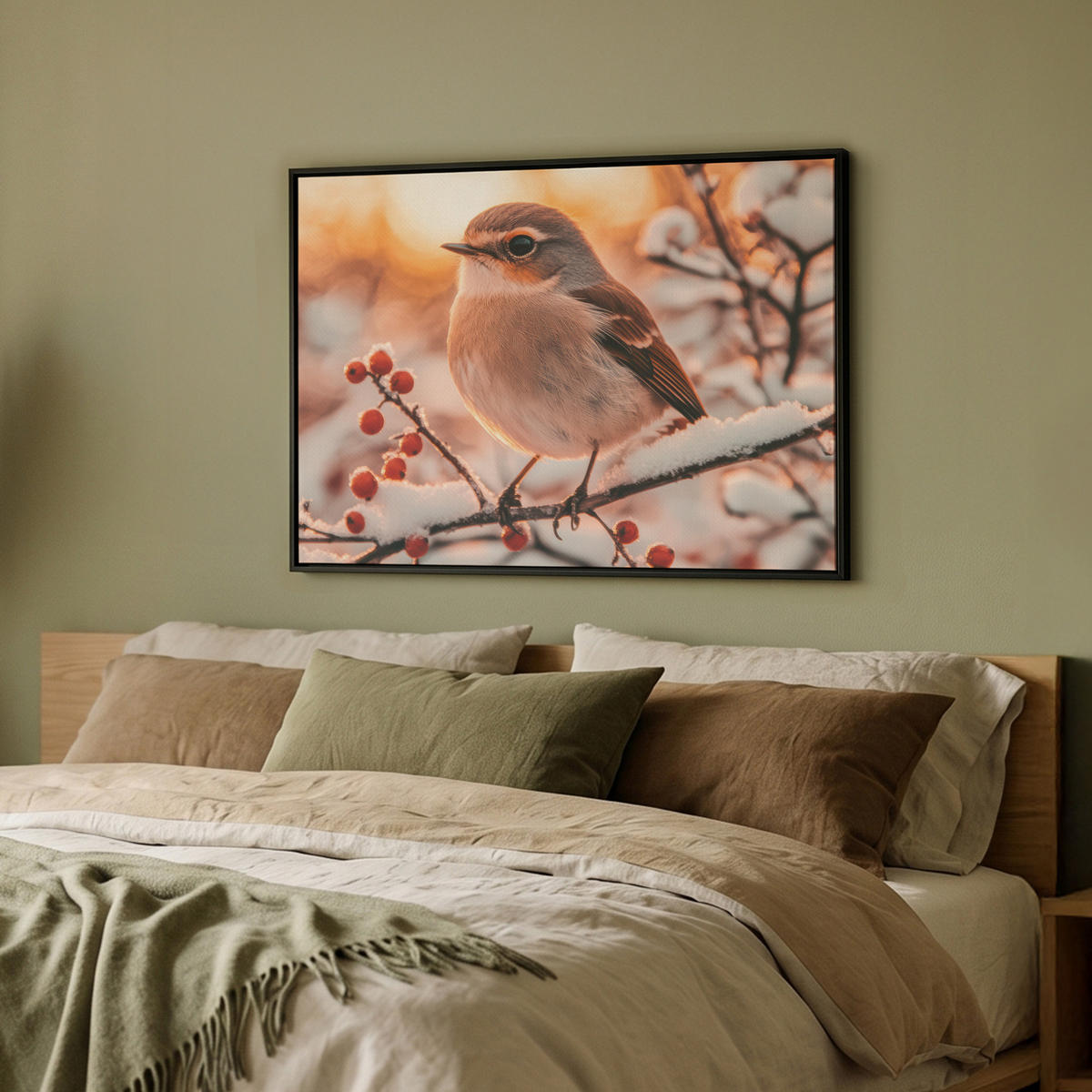 LEINWAND Bilder mit Rahmen - Vogel - Zweig - Winter - Tiere - Schnee - 80x60 - Bernsteinfarben, Textil (80/60cm) - MuchoWow