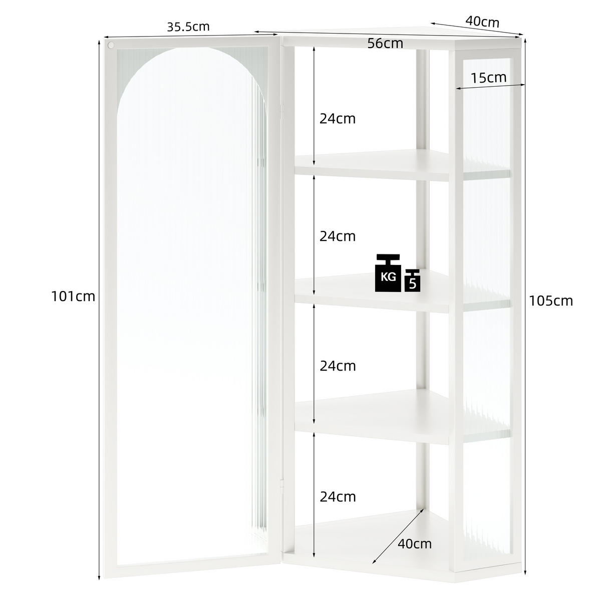 BAD-WANDSCHRANK Weiß, Glastür & 4 Ablagen, 56 x 40 x 105 cm - Weiß, Metall (56/105/40cm) - Urban Meuble