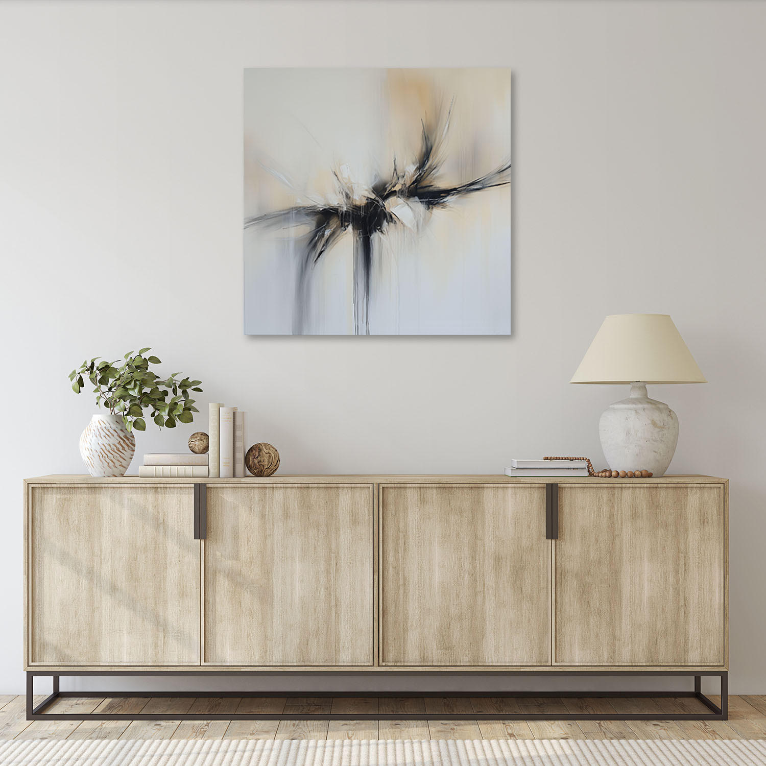 LEINWANDBILD Abstrakte beige-schwarze Farbeffekt 60x60cm - Beige, Textil (60/60cm) - Feeby