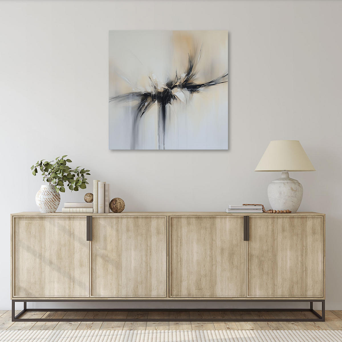 LEINWANDBILD Abstrakte beige-schwarze Farbeffekt 60x60cm - Beige, Textil (60/60cm) - Feeby