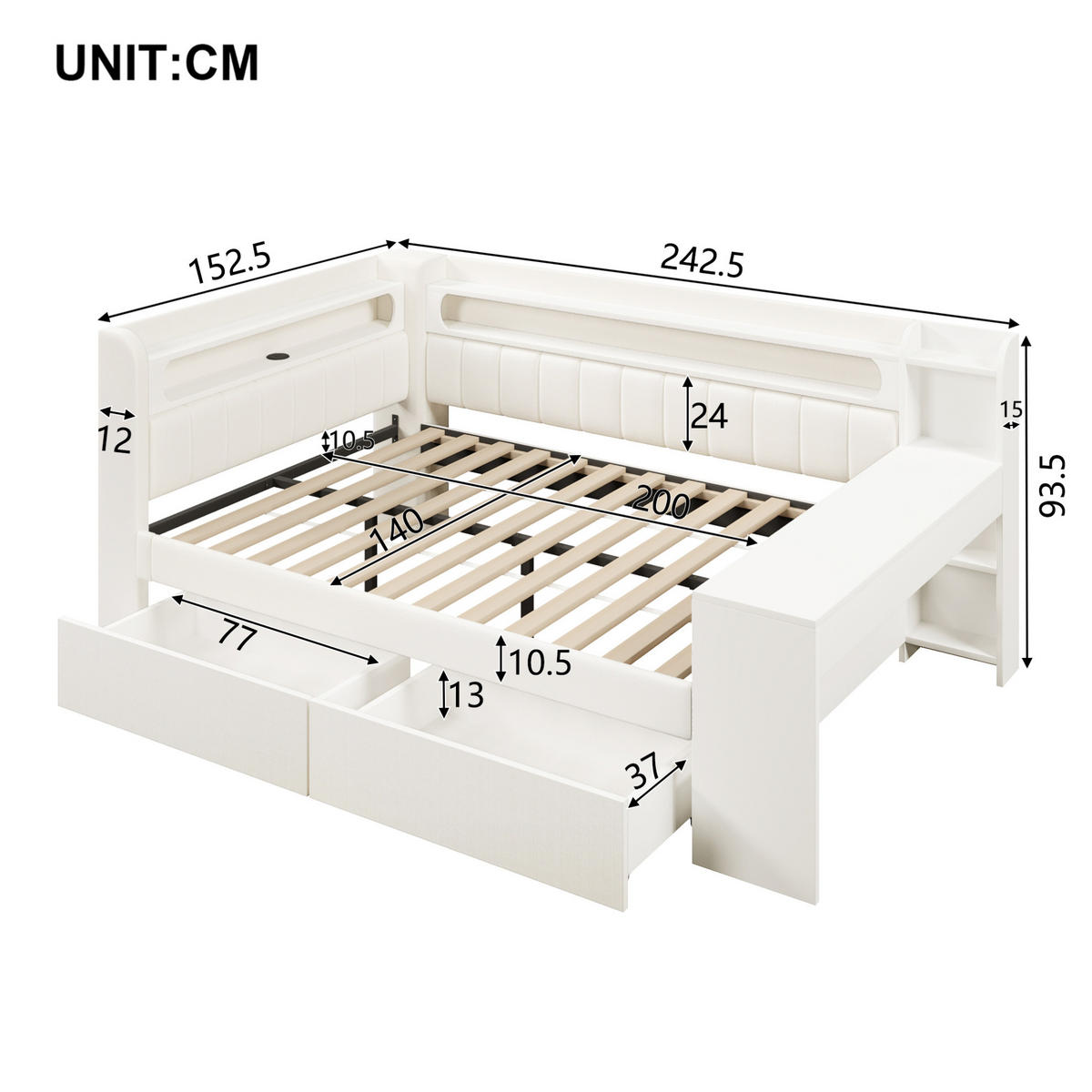 ČALOUNĚNÁ postel z MDF a překližky 140x200 cm bílá s LED osvětlením, USB portem, psacím stolem a 2 zásuvkami - bílá, kompozitní dřevo (140/200cm) - Modfu