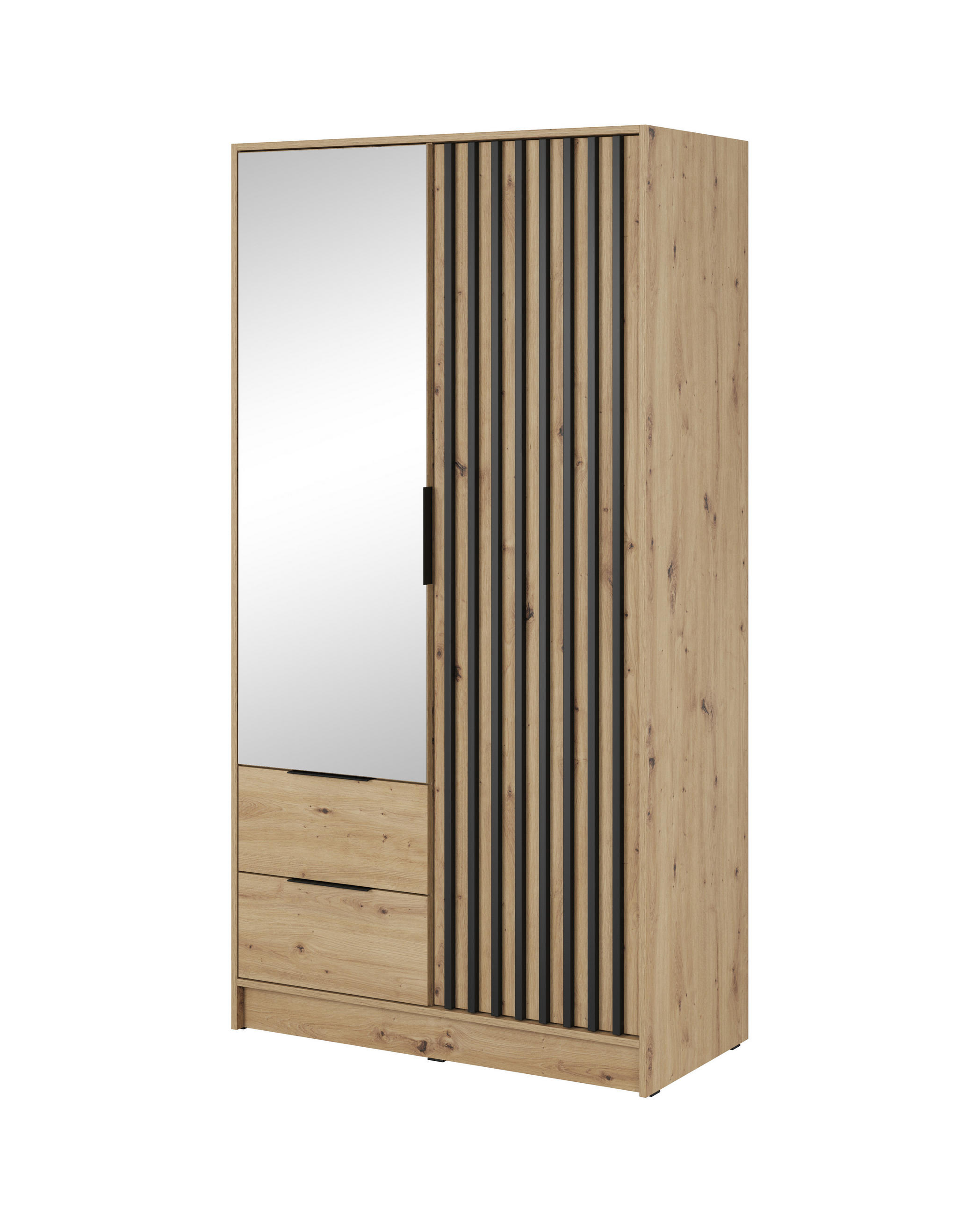 KLEIDERSCHRANK Nelly Artisan Eiche, Schwarz Lamellen, Schrank Zweitürige, Garderobe mit Spiegel - Eiche Artisan, Holzwerkstoff (105/200/51cm) - Bettso