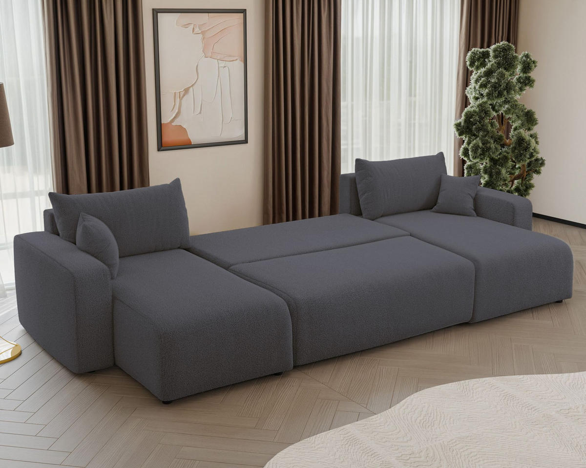 WOHNLANDSCHAFT Pianoni Dunkelgrau Bouclé-Bezug - Dunkelgrau/Schwarz, Kunststoff/Textil (312/83/140cm) - Selsey