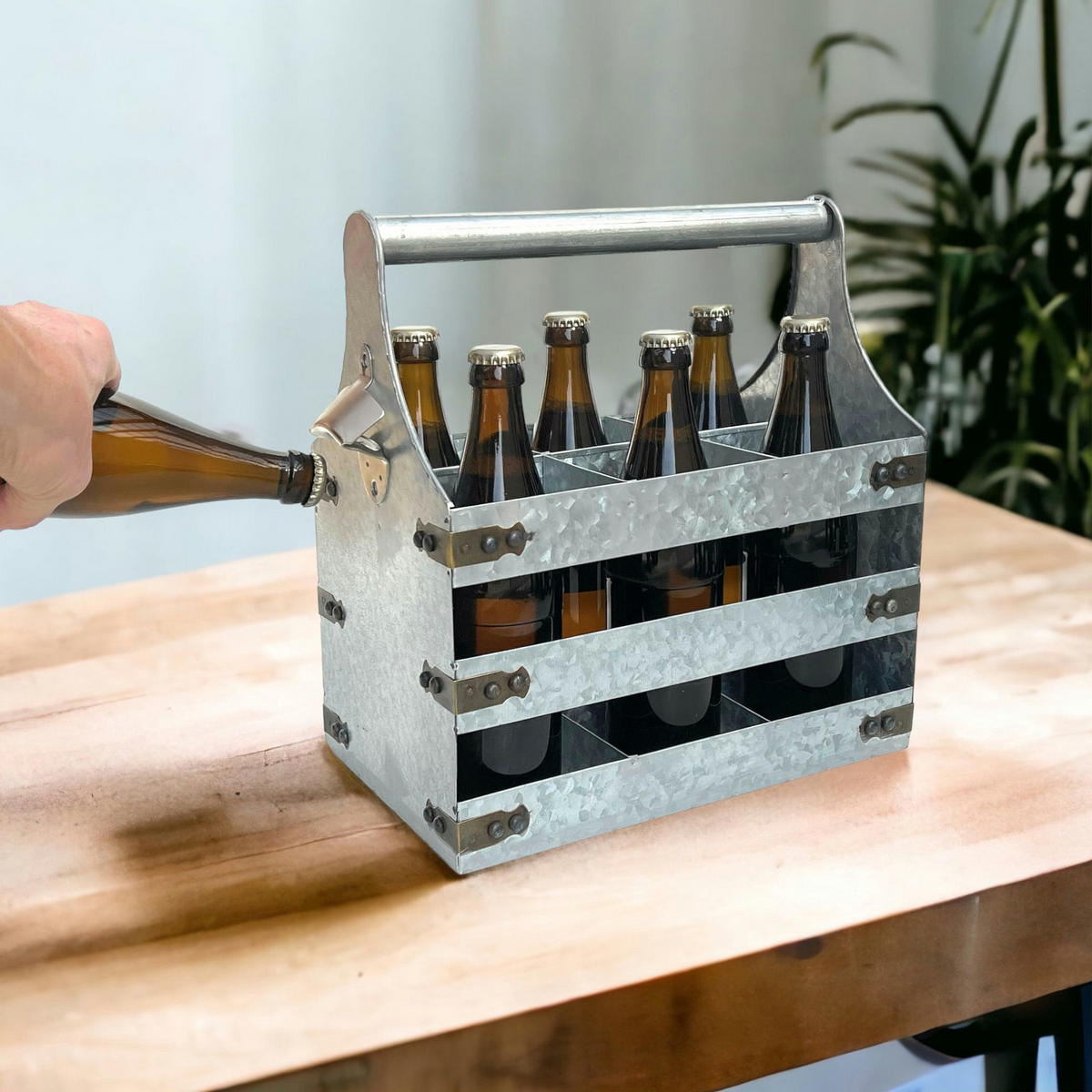 BIERTRÄGER Metall für 6 Flaschen mit Öffner 96403 - Silberfarben, Metall (33/33/20cm) - DanDiBo