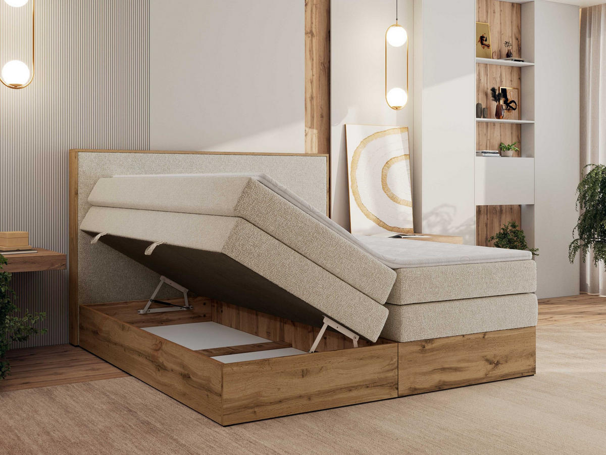 BOXBETT WOOD CLASSIC KING 140/200 - Creme Strukture - H3 - Creme, Textil (140/200cm) - MKS