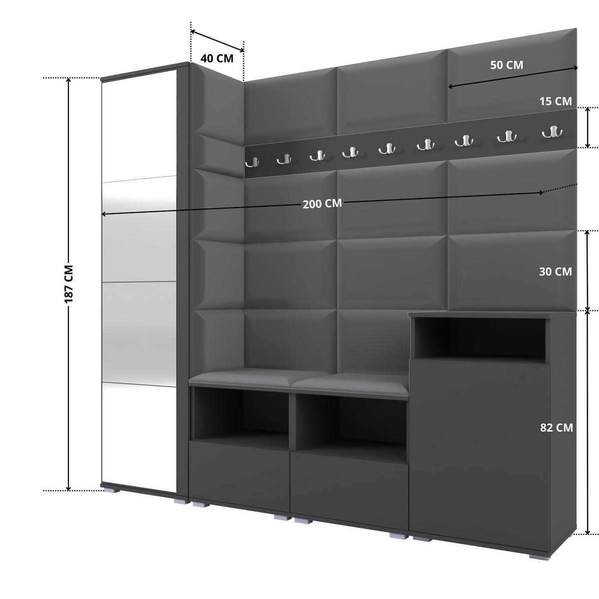 GARDEROBE NELA X 200 cm (Modulare Flurmöbel Graphit mit Spiegel & Sitzpolster Dunkelgrau 15 Schrank + Sideboard) - Dunkelgrau/Silberfarben, Holz/Holzwerkstoff (200/187/40cm) - Ravio