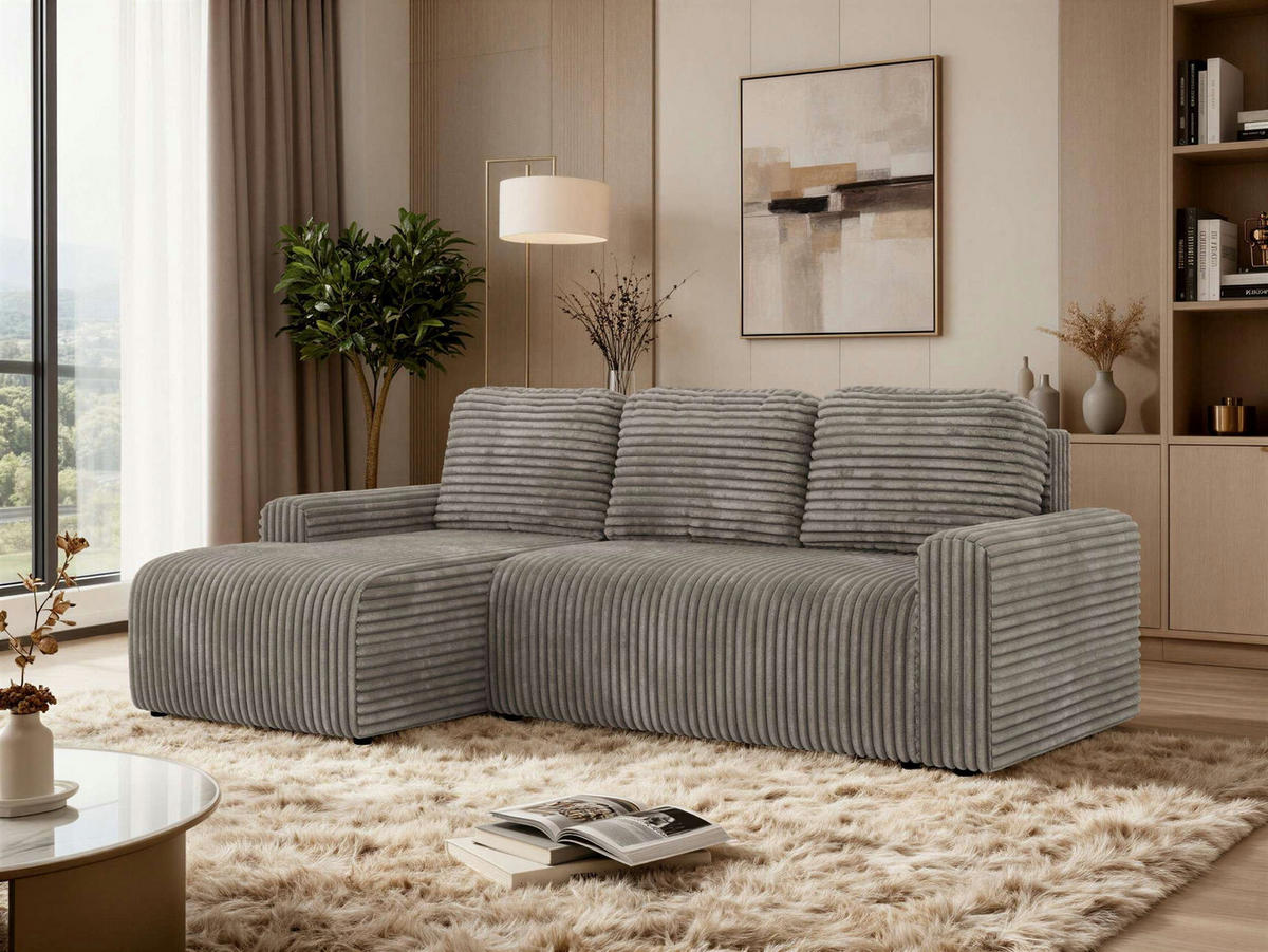 ECKSOFA NESSARO L Hellbraun Cord - Links Seite - Hellbraun/Schwarz, Kunststoff/Textil (244/151cm) - MKS