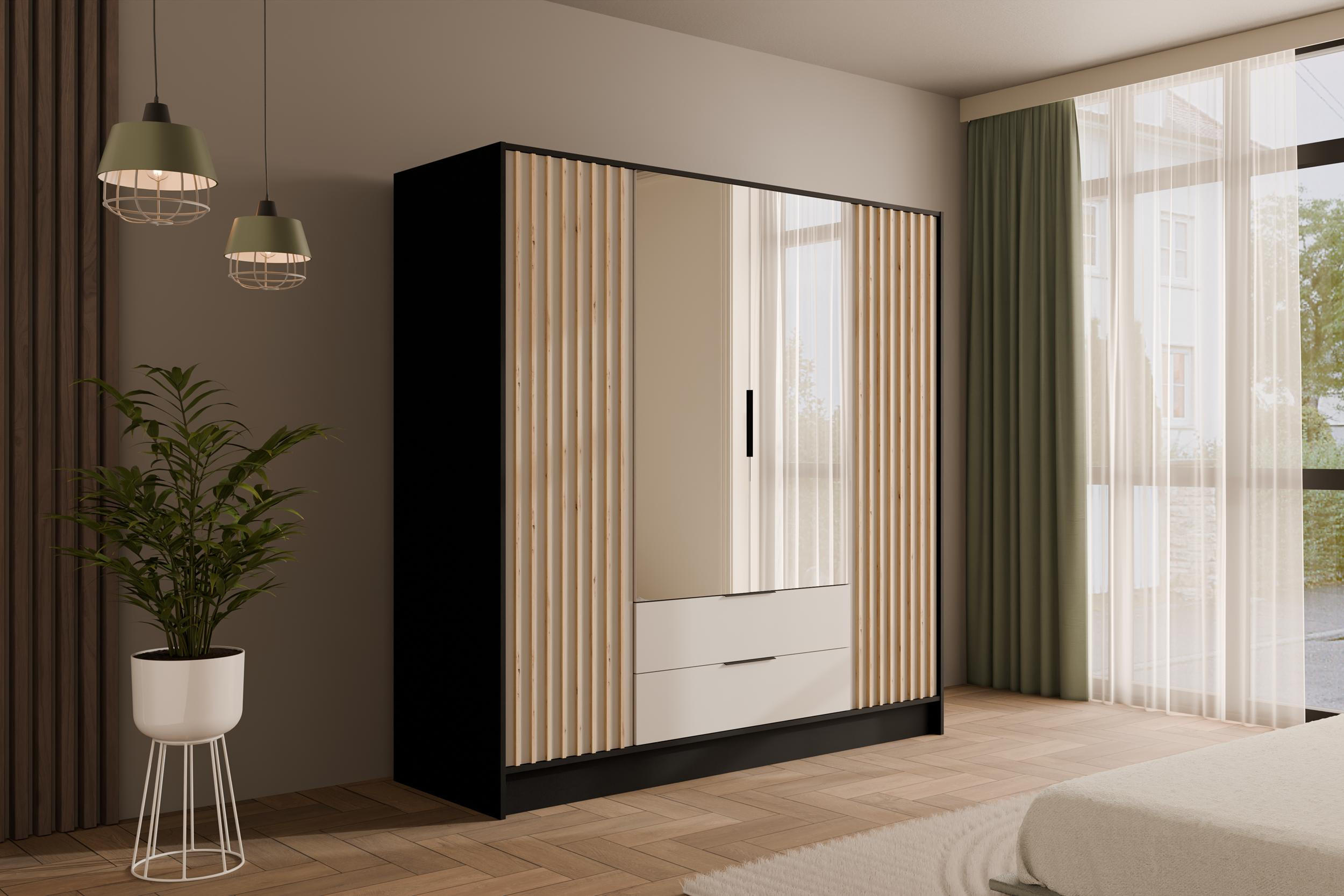 KLEIDERSCHRANK NELIA - 200 cm - Schwarz/Weiß, Holzwerkstoff (200/200/51cm) - ALTDECOR