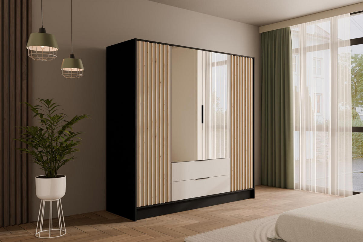 KLEIDERSCHRANK NELIA - 200 cm - Schwarz/Weiß, Holzwerkstoff (200/200/51cm) - ALTDECOR
