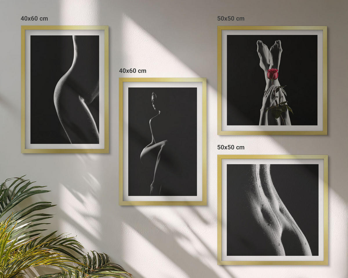 BILDER SET 4er Set - 50x50 cm & 40x60 cm Goldrahmen - Schwarze und weiße weibliche Formen - Goldfarben, Kunststoff (50/50cm) - TULUP