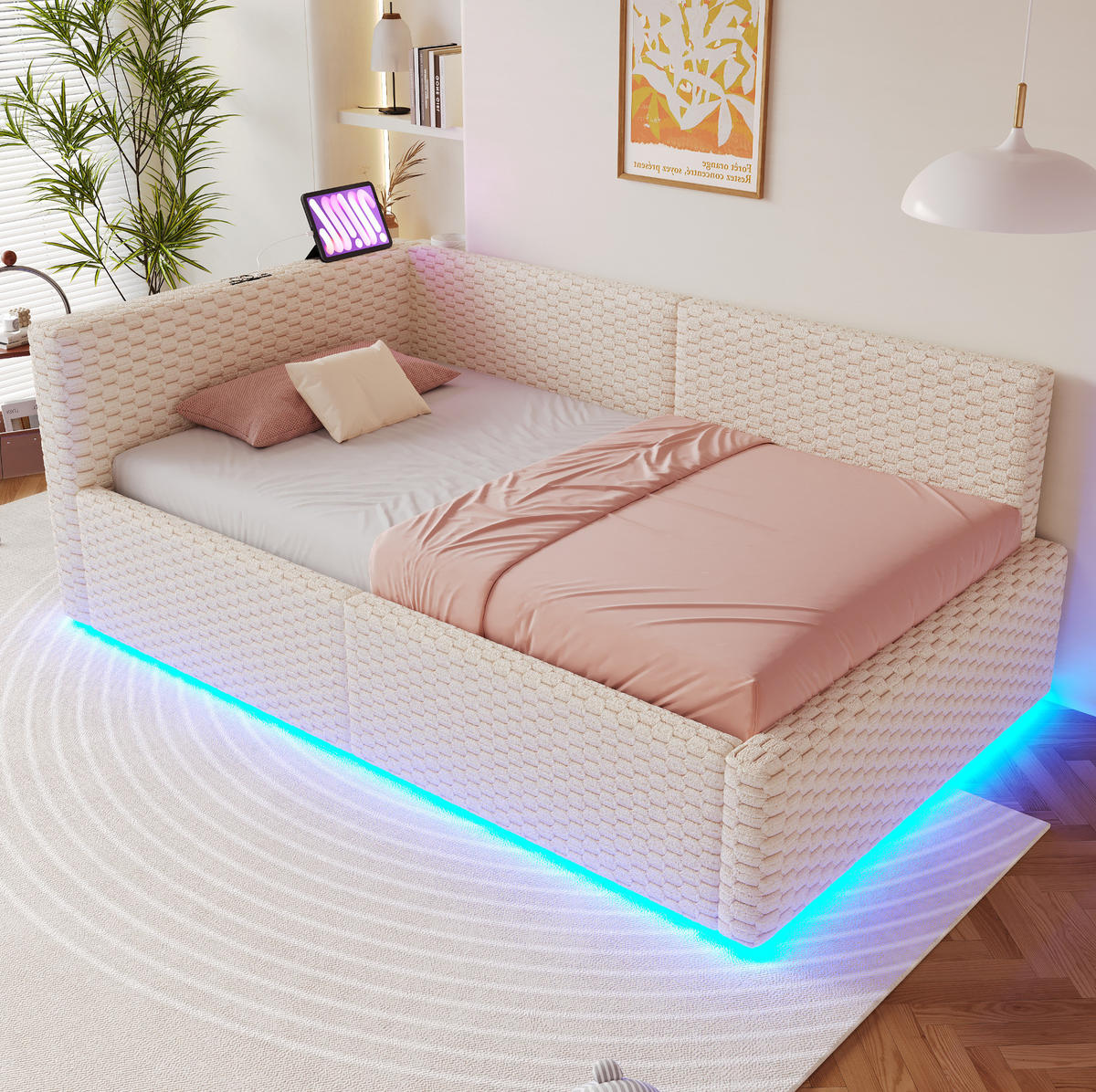 POLSTERBETT 90/200 cm beige aus Samt mit LED, USB-C und Stauraum - Beige, Holzwerkstoff (90/200cm) - OKWISH