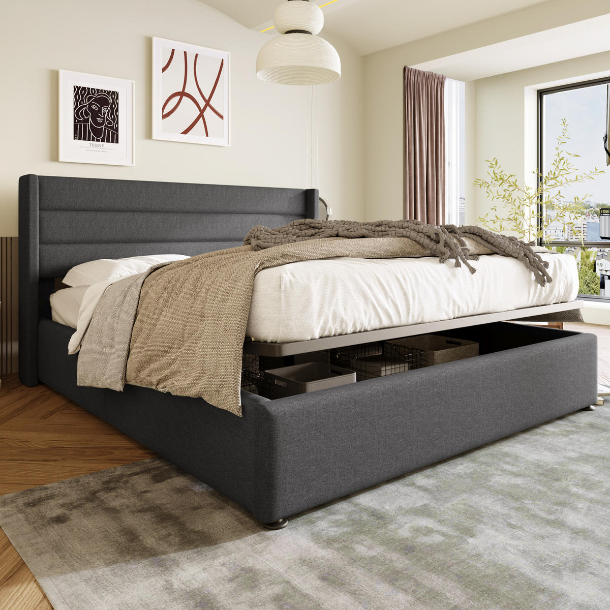 POLSTERBETT 160/200 cm Grau aus Leinen mit Bettkasten - Grau, Textil (160/200cm) - OKMYHOME