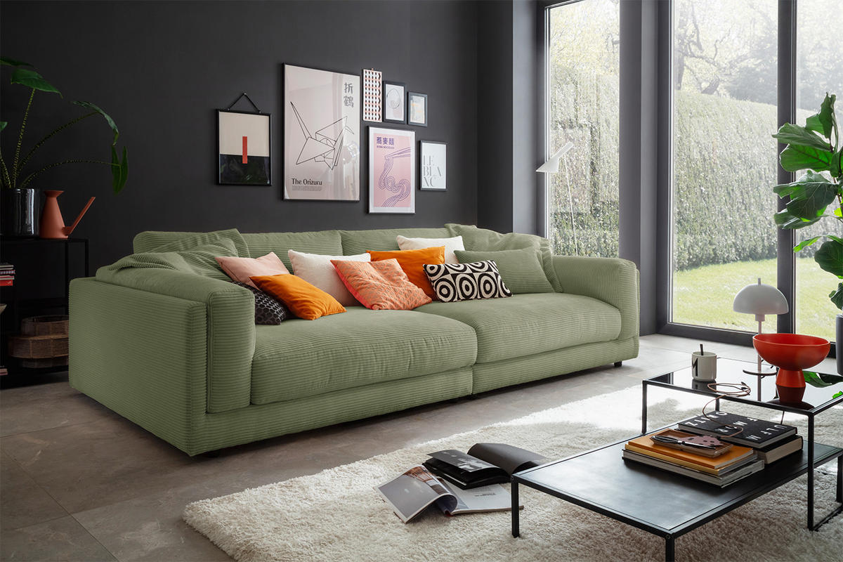 BIG SOFA RAINA Grün Cord - Schwarz/Olivgrün, Kunststoff/Textil (294/85/150cm) - KAWOLA