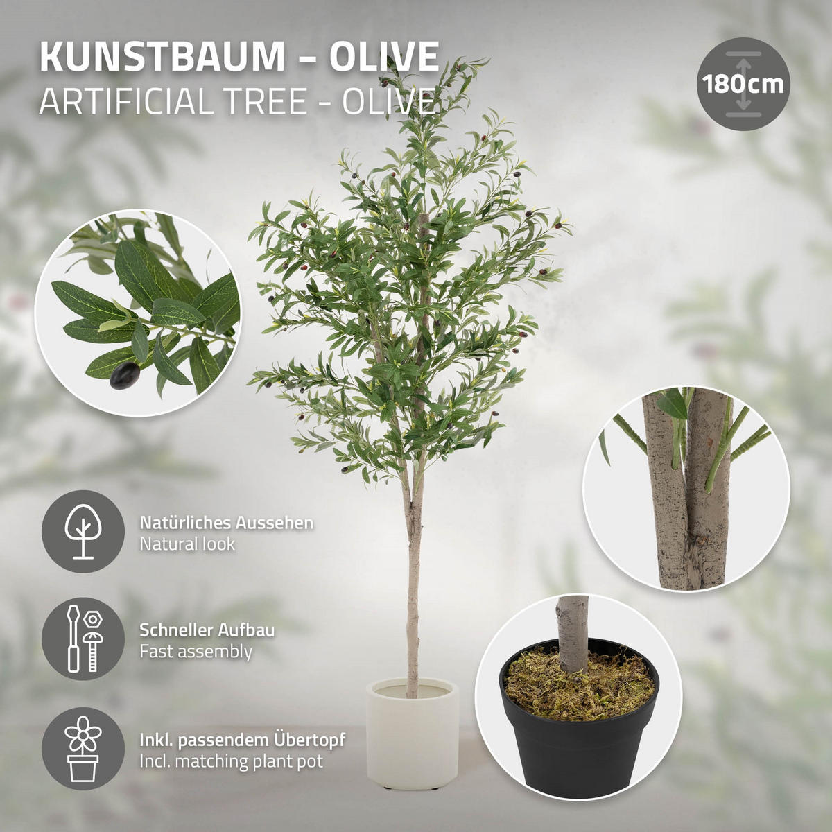 KUNSTPFLANZE Olive - Anthrazit/Grün, Holz/Kunststoff (180cm) - ML-DESIGN