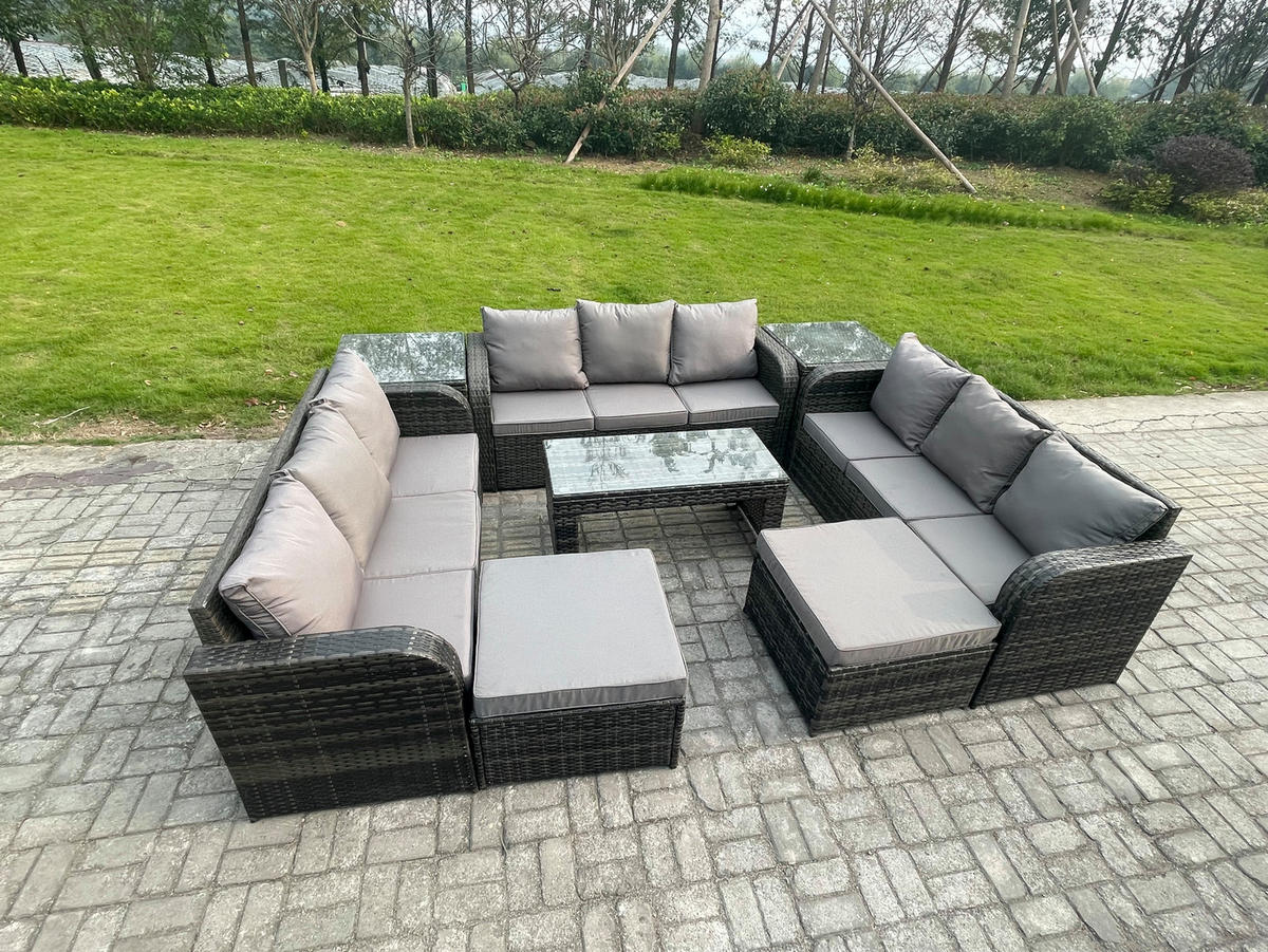 GARTENSOFA SET mit rechteckigem COUCHTISCH Polyrattan 11-Sitzer Dunkelgrau - Dunkelgrau/Grau, Glas/Kunststoff - Fimous