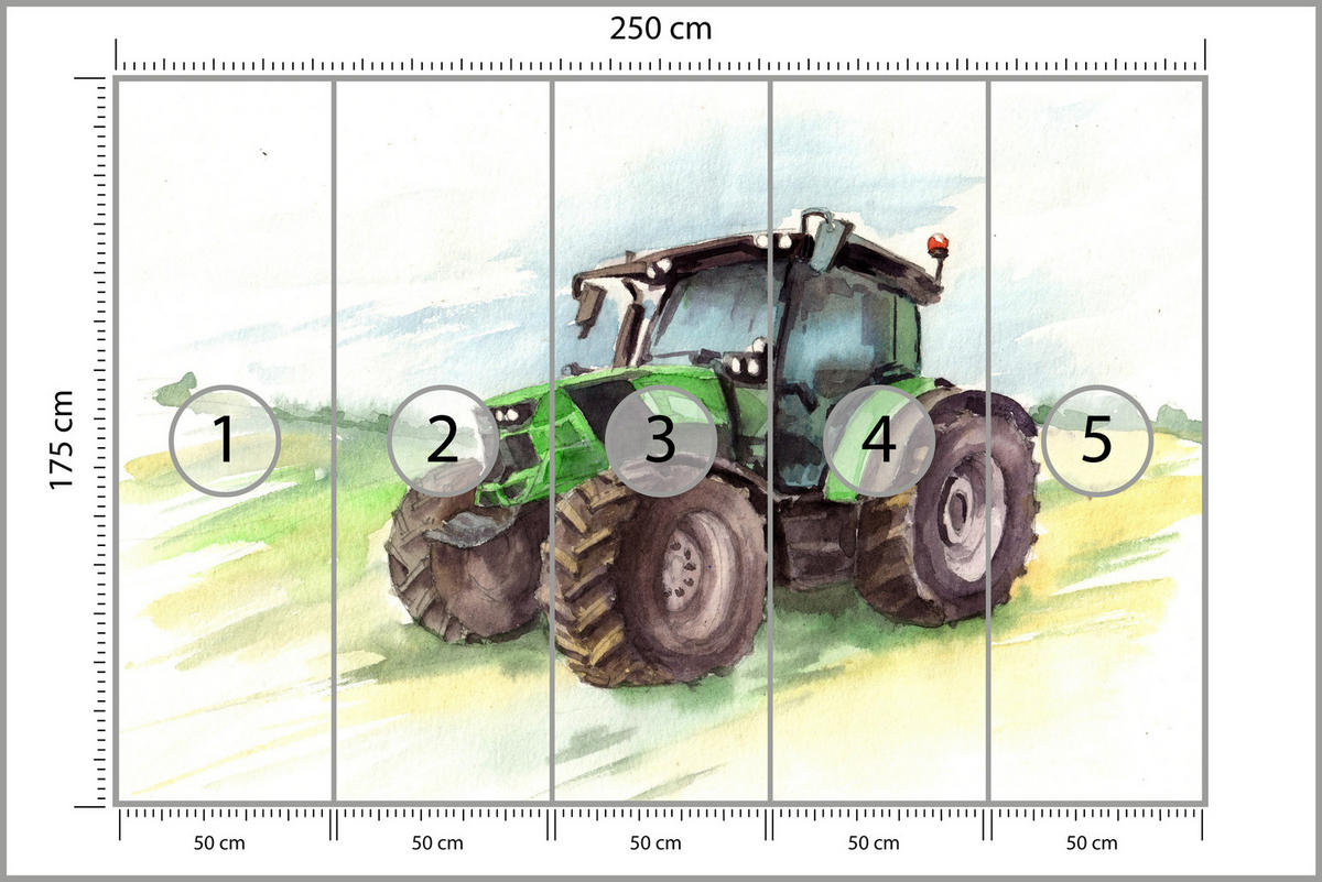 FOTOTAPETE für Kinderzimmer Aquarell Grüner Traktor Feld 250x175 - Gelb/Schwarz, Papier (250/175cm) - Muralo