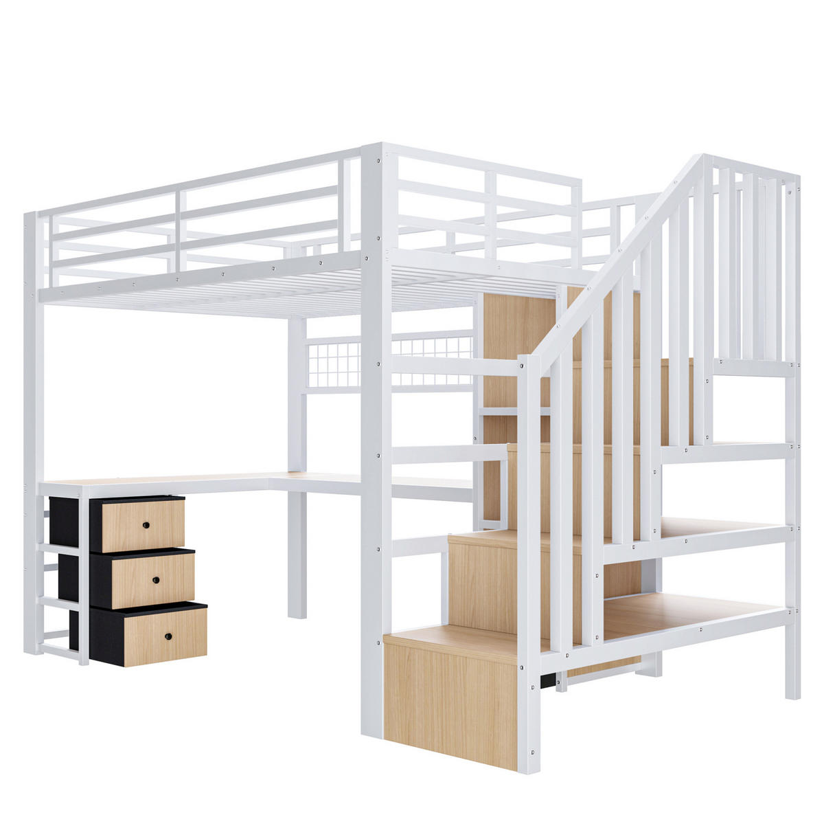 HOCHBETT 90/200 cm mit LED-Beleuchtung, Schreibtisch, Stauraumtreppe und 4 Schubladen, Metall/MDF, Weiß - Weiß, Metall (90/200cm) - Redom