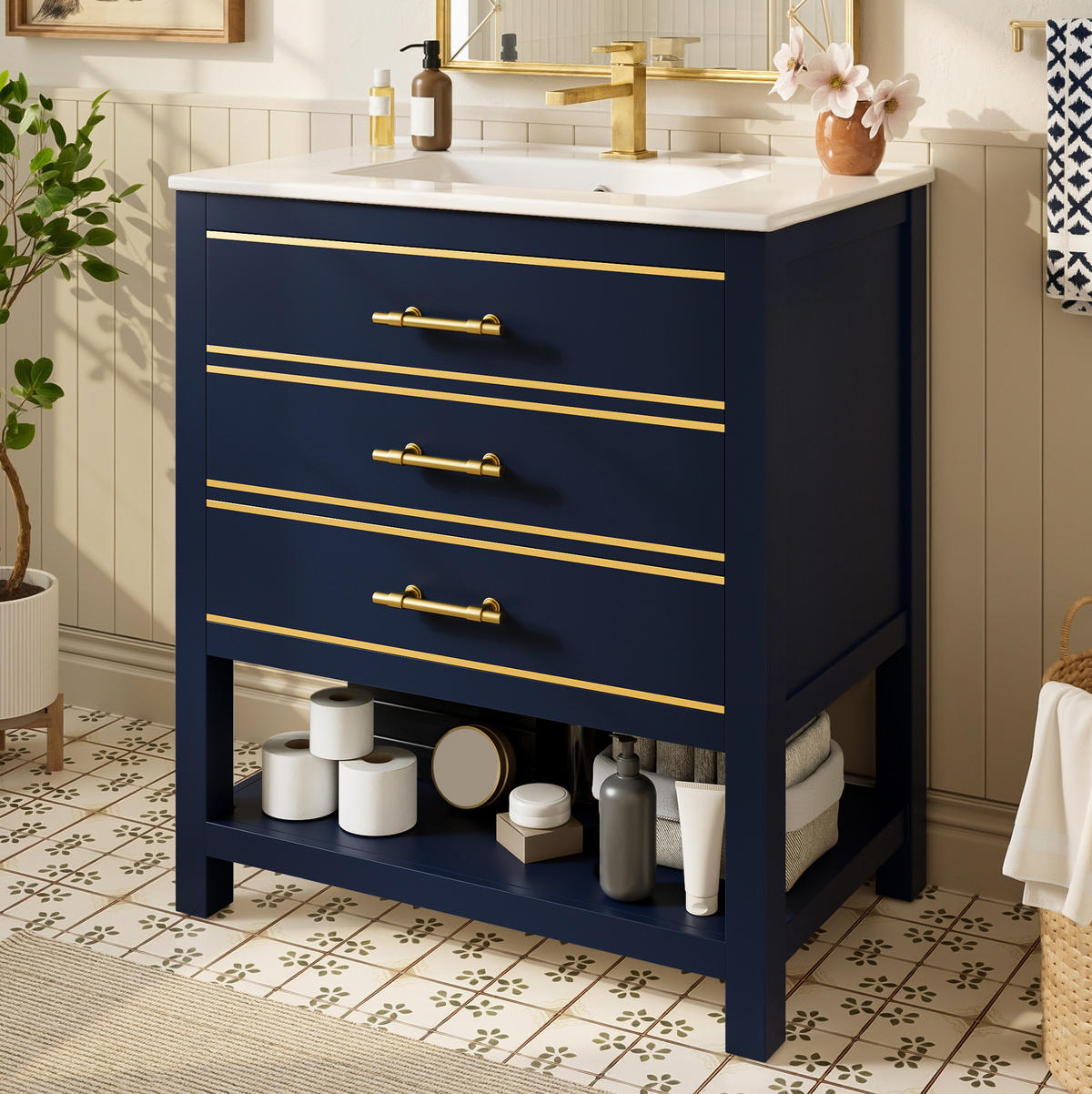 WASCHTISCHUNTERSCHRANK mit Keramikbecken 66x46.5x86cm Schwarz & blau mit Gold-Akzenten - Blau, Holzwerkstoff (76/86/46.5cm) - Modfu