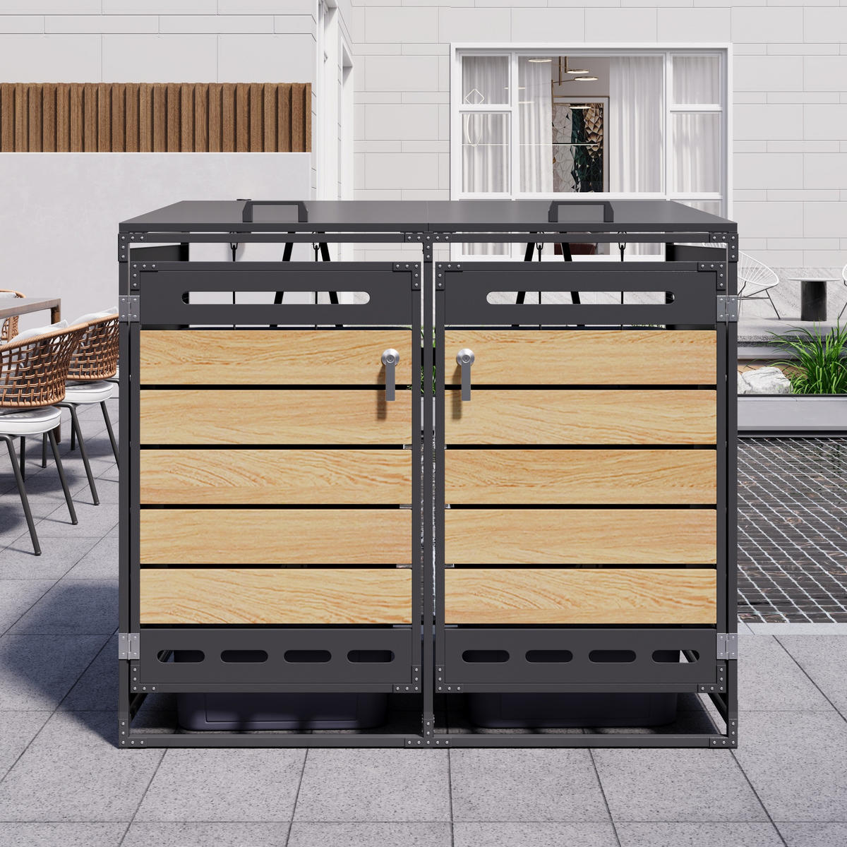 MÜLLTONNENBOX Hydraulik Deckel Holzoptik horizontal Schloss - Schwarz, Metall (131/116/79cm) - LEBENLANG