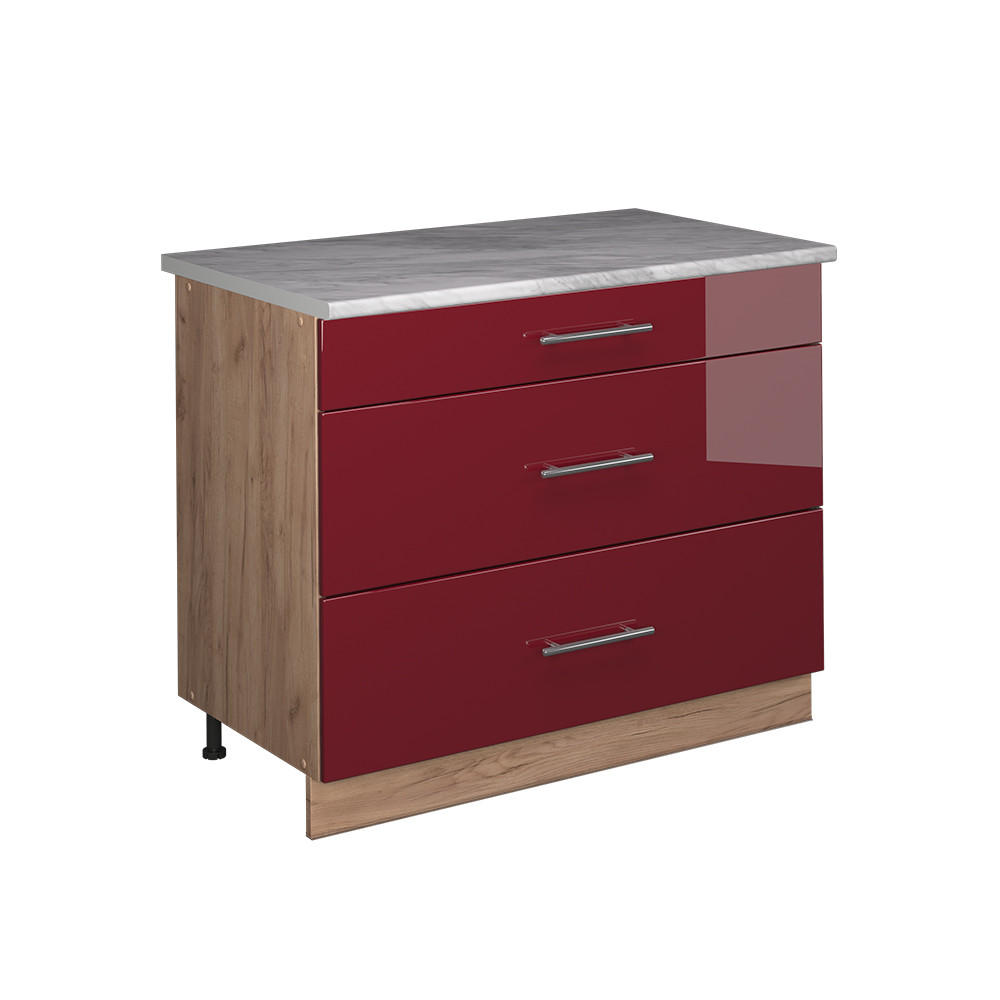 KÖKSUNDERSKÅP Fame-Line, Bordeaux högblank/Goldkraft ek, 100 cm, AP Marble Bordeaux, Honungsek 82/100/60 cm