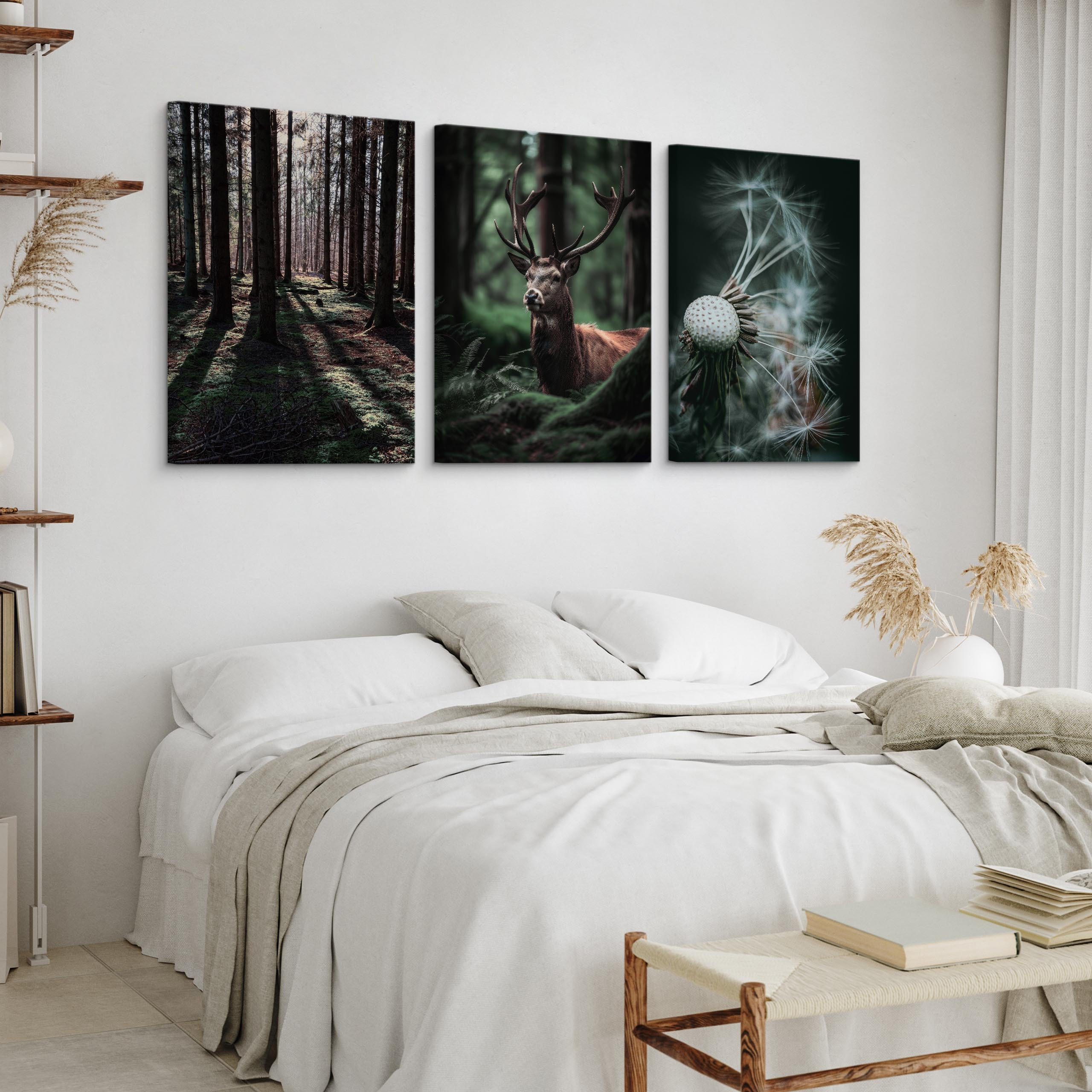 Thumbnail - Muralo Leinwandbilder, Grün, Schwarz, Weiß, Braun, Grau, Textil, Baum/Pflanze/Natur, Tiere, Floral, Rechteckig, 90x40 cm...