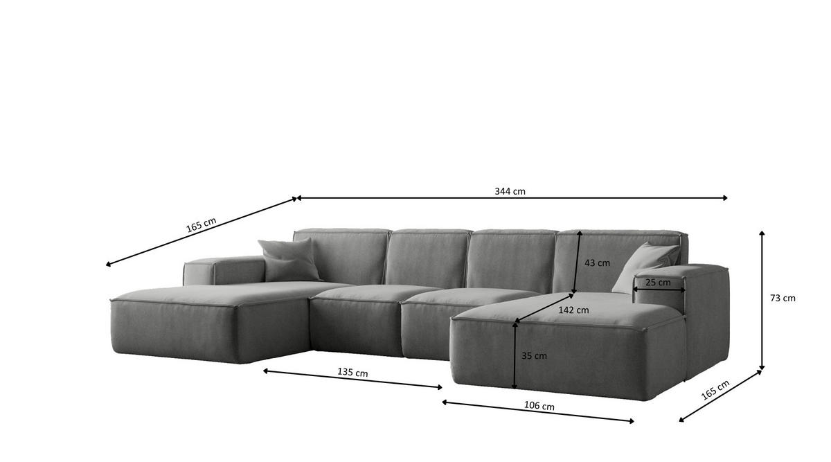 ECKSOFA U-Form Siena, U-förmiges Ecksofa, Stoff Salvador Grau - Grau, Holz/Textil (344/165cm) - Kaiser Möbel