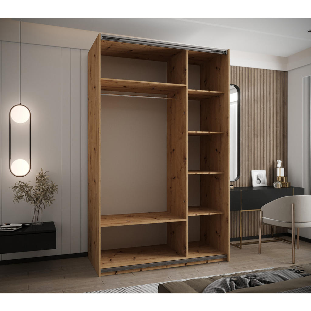 Thumbnail - Abiks Möbel Schwebetürenschrank, Eiche Artisan, Weiß, Silber, Metall, Nachbildung, 6 Fächer, 150x245x64 cm, Schlafzimmer...