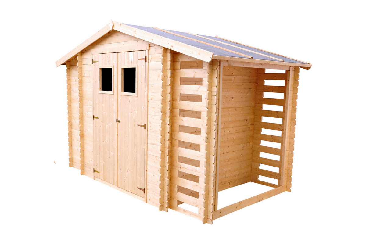 HOLZHAUS GARTENHAUS mit Brennholzschuppen M389+M389G - mit imprägniertem Boden - 3,53 + 0,97 + 0,97 m2 - Beige, Holz (328/218/206cm) - Timbela