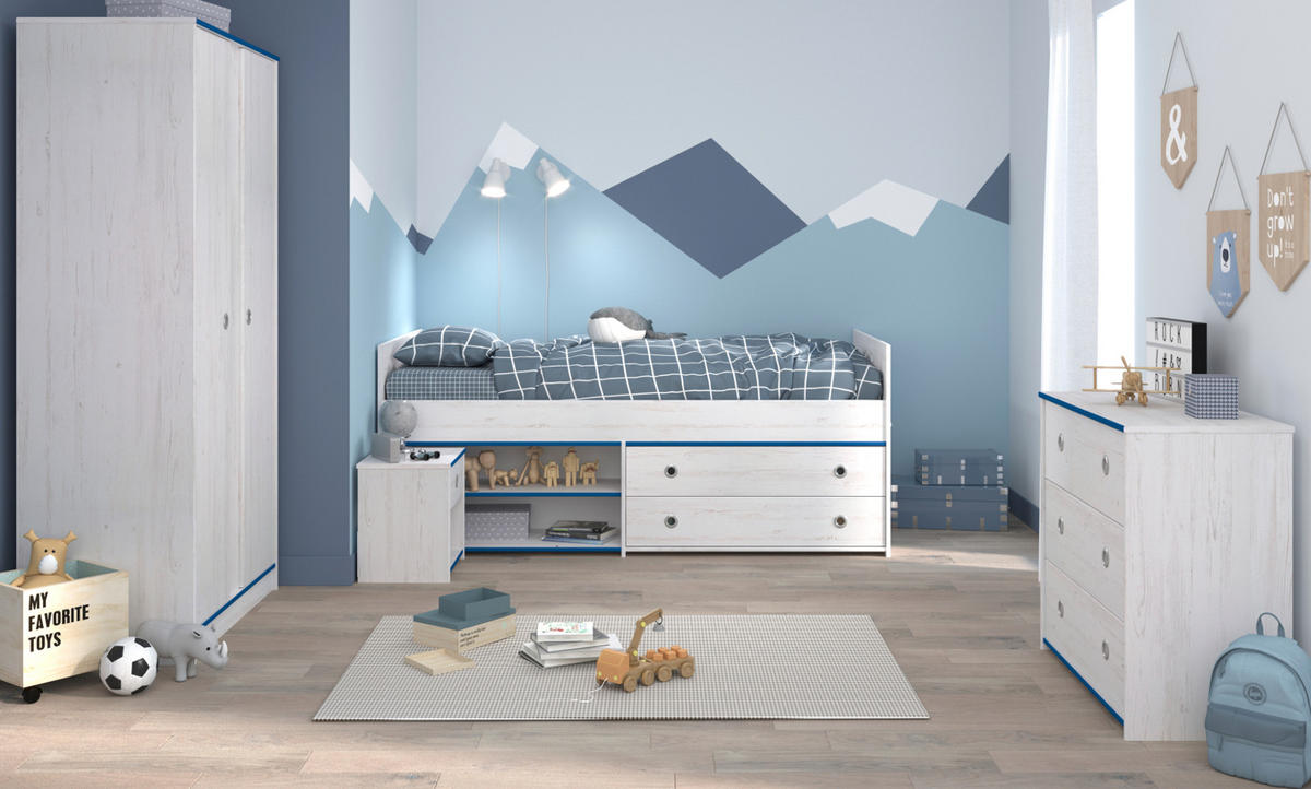 KINDERZIMMER Set Kleiderschrank Kommode Nachttisch Bett 90x200 cm - Weiß/Kieferfarben, Holz/Holzwerkstoff (290/182/95cm) - Parisot Meuble