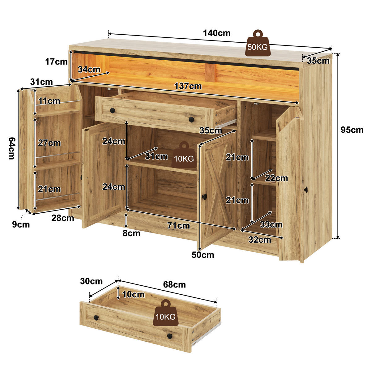 KÜCHENSCHRANK Sideboard Natur mit RGB-LED 4 Scheunentüren & Türablagen - Naturfarben, Holzwerkstoff (140/95/35cm) - Urban Meuble