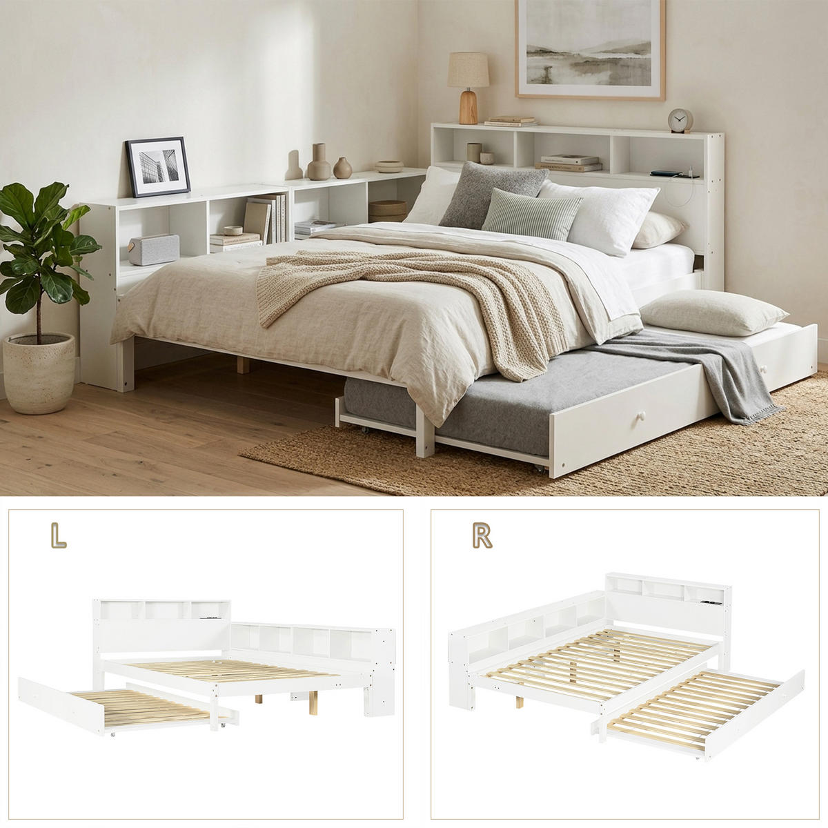 BETT 120/200 cm in Weiß mit Ausziehbett, Stauraumregal, Kopfteilablage und Ladestation - Weiß, Holzwerkstoff (120/200cm) - STILVORA