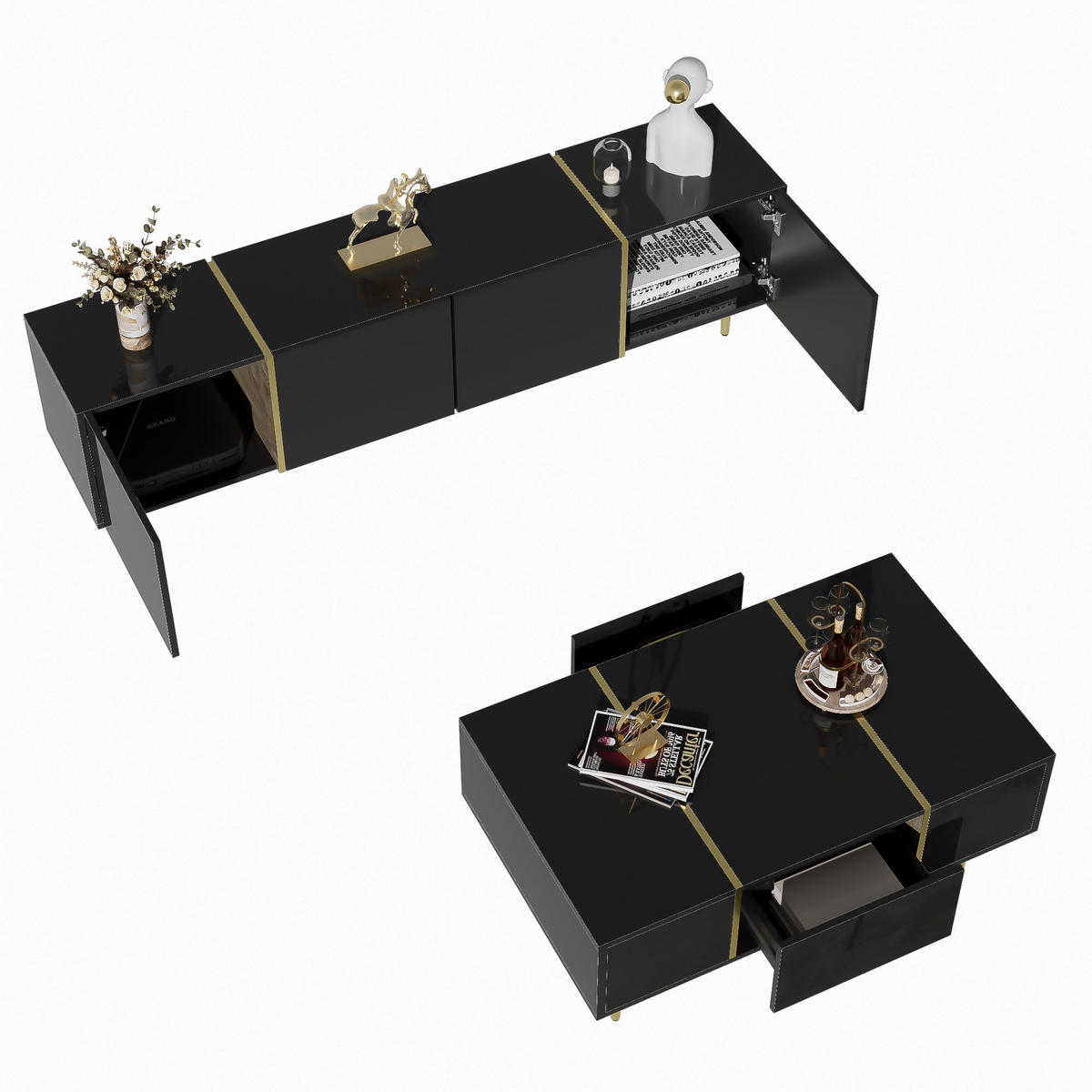 TV-ELEMENT mit Couchtisch - Kombination 2er-Set Schwarz mit Goldakzenten - Schwarz, Holzwerkstoff (170/46/35cm) - OKWISH