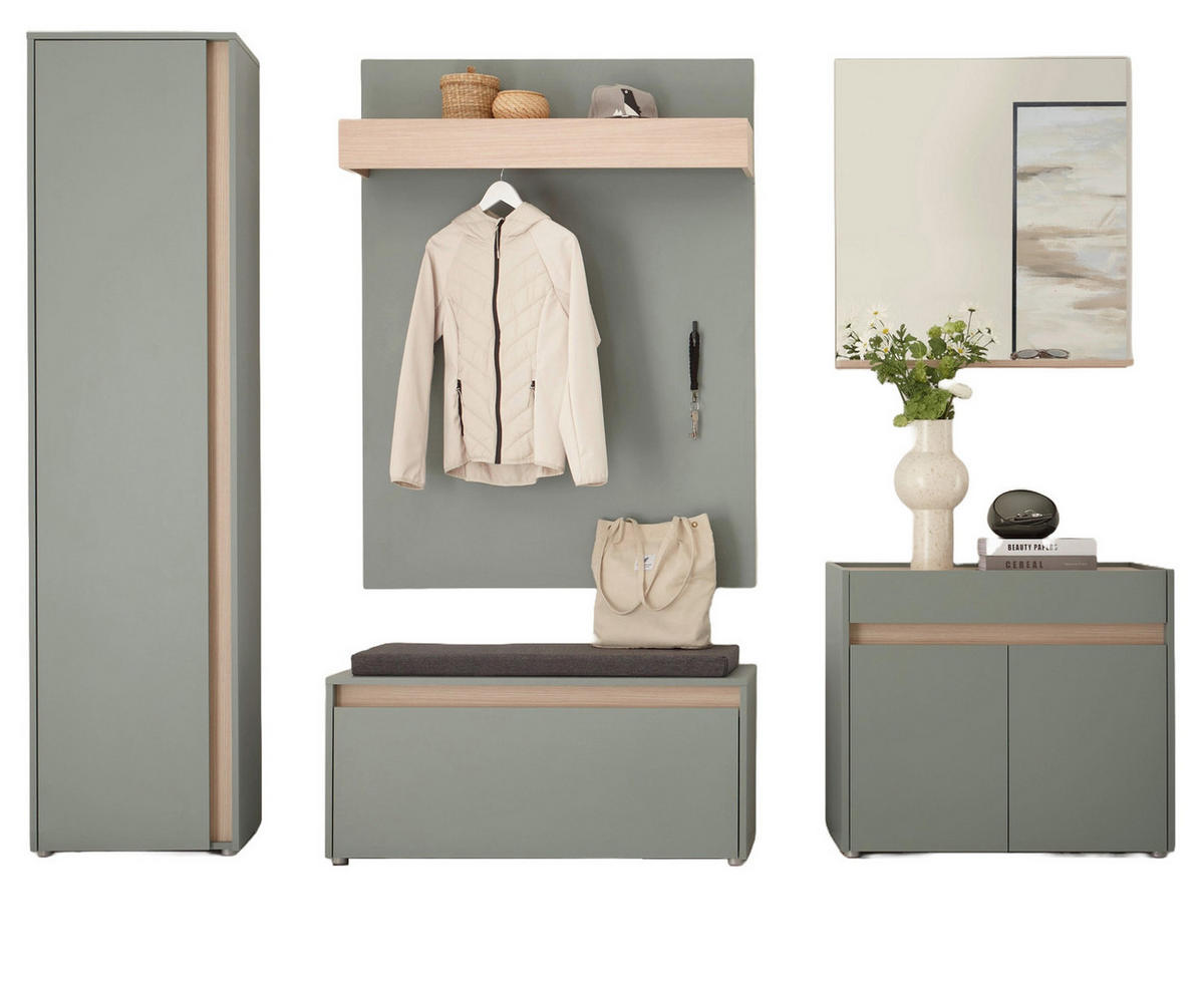 GARDEROBEN-SET Salbei grün, Barista Eiche 6-teilig, Garderobenkombination 260 cm Center - Salbeigrün/Eichefarben, Glas/Holz (260/200/40cm) - Furn.Design