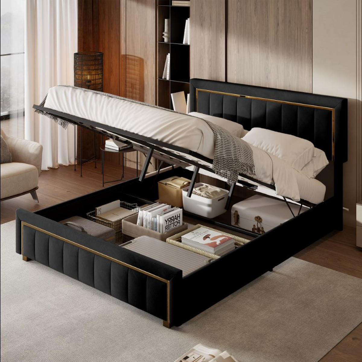 POLSTERBETT 160x200 cm, Schwarz, mit Stauraum & Lattenrost - Schwarz, Textil/Metall (160/200cm)