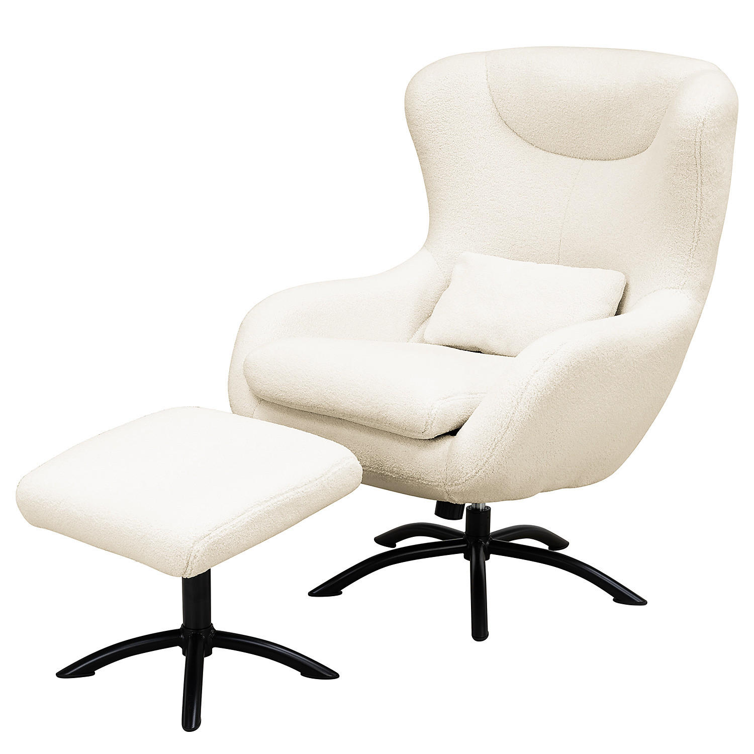 SESSEL mit Hocker - Teddystoff / Eisen - Weiß / Schwarz - Schwarz/Weiß, Textil/Metall (75/106/86cm) - home24
