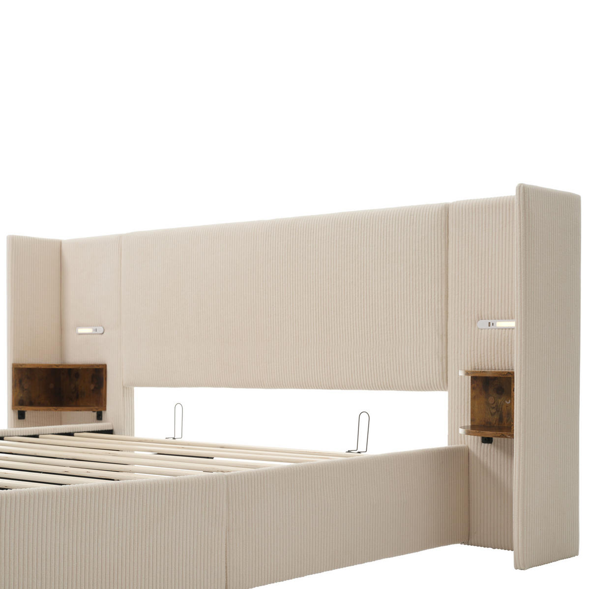 POLNJENA postelja iz kordure, kovine in masivnega lesa 180x200 cm bež-bela s policami, bralno lučjo, USB in Type-C ter hidravličnim predalom - bež, tekstil (180/200cm) - Modfu