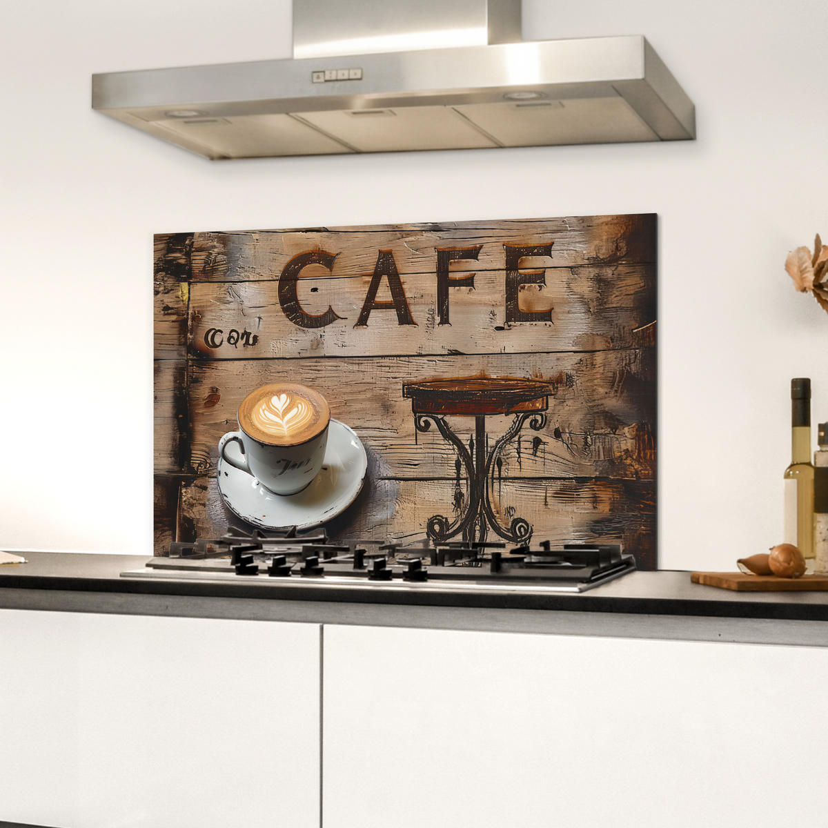 SPRITZSCHUTZ KÜCHE Cafe - Holz - Kaffee - Regale 60x40 cm - Schwarz, Metall (60/0.3/40cm) - MuchoWow
