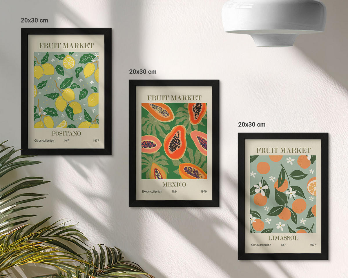 BILDER SET 3er Set - 20x30 cm Schwarzer Rahmen - Fruchtposter Zitronen Papayas - Schwarz, Kunststoff (20/30cm) - TULUP