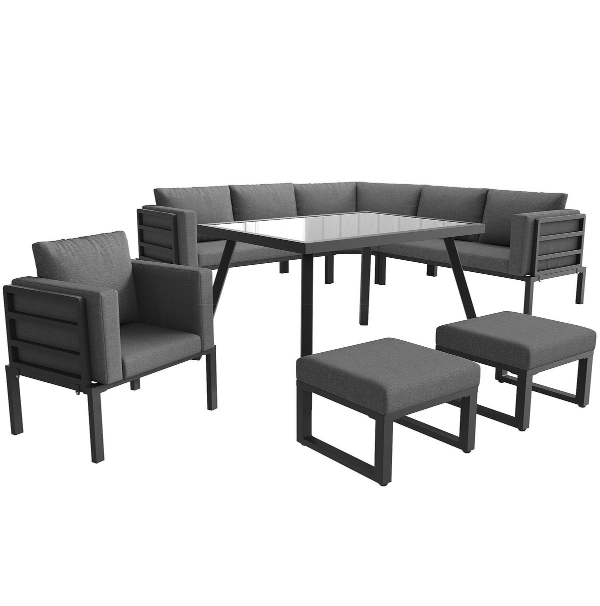 GARTENLOUNGE 114/67/77 cm grau aus Eisen mit Glastisch und 8 cm Polstern - Grau, Metall - OKWISH