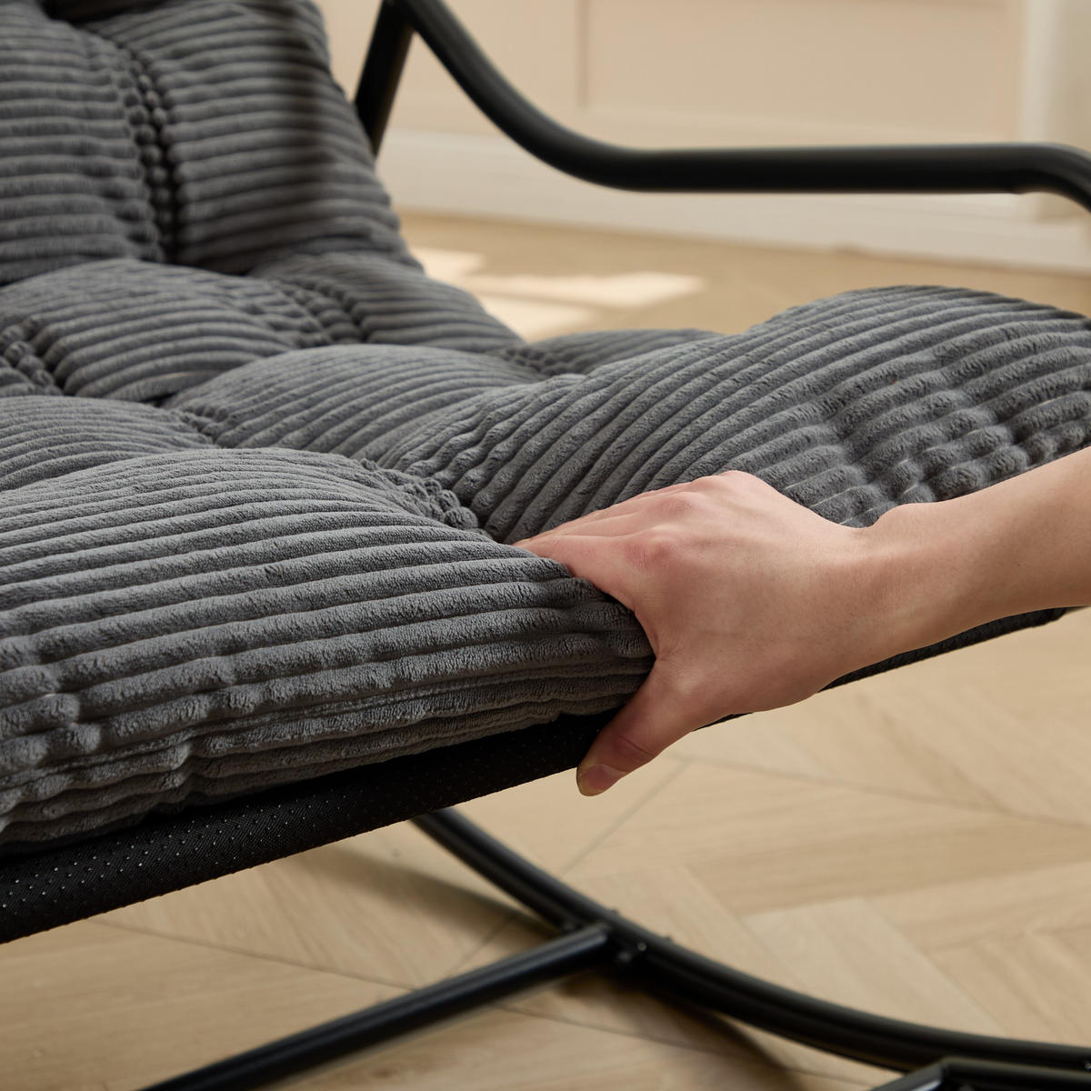 SCHAUKELSTUHL,SCHAUKELSESSEL mit Fußstütze, gepolstertem Kissen,Cord,Grau - Hellgrau, Metall (75/82/116cm) - LVHOM