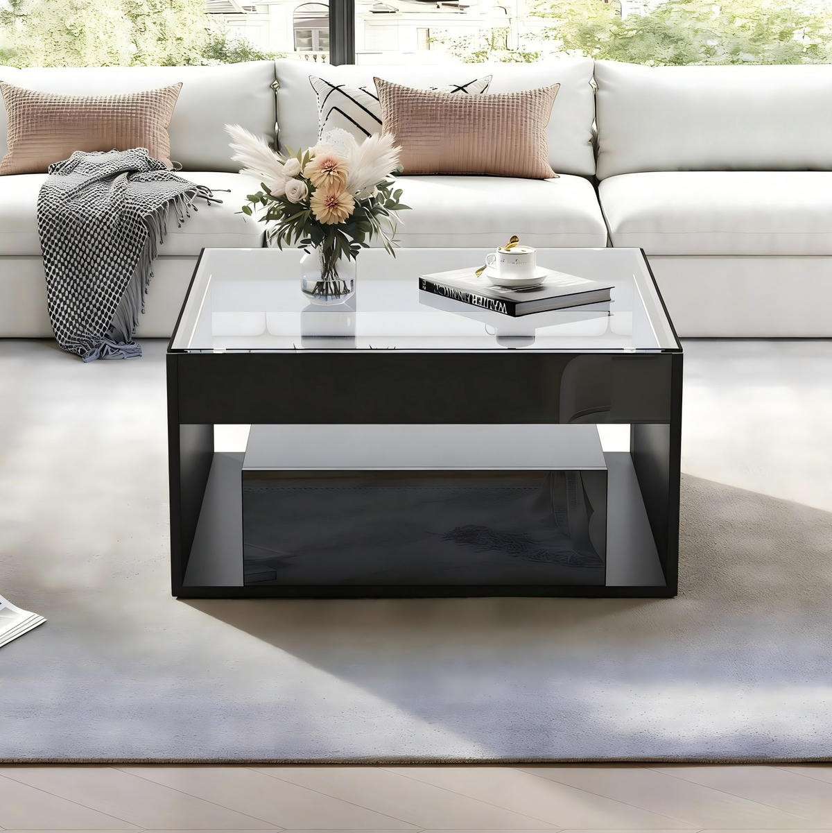 COUCHTISCH 70/70/35 cm mit LED-Beleuchtung und 2 Schubladen in Schwarz - Schwarz, Holzwerkstoff (70/70/35cm) - Flora Grace