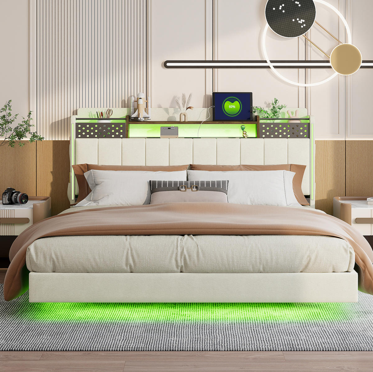 BETT mit LED und USB 160x200 cm Beige - Beige, Metall (160/200cm) - Meubliv