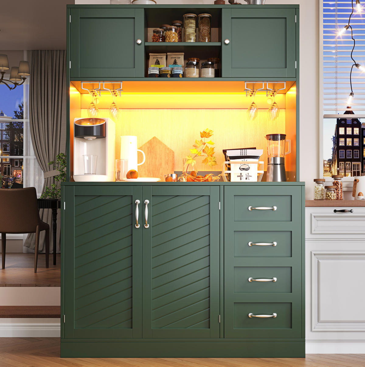 BUFFETSCHRANK 120/40/188 cm mit LED-Beleuchtung, 4 Türen, 2 Schubladen und Getränkehaltern, Grün - Grün, Holzwerkstoff (120/188/40cm) - Redom