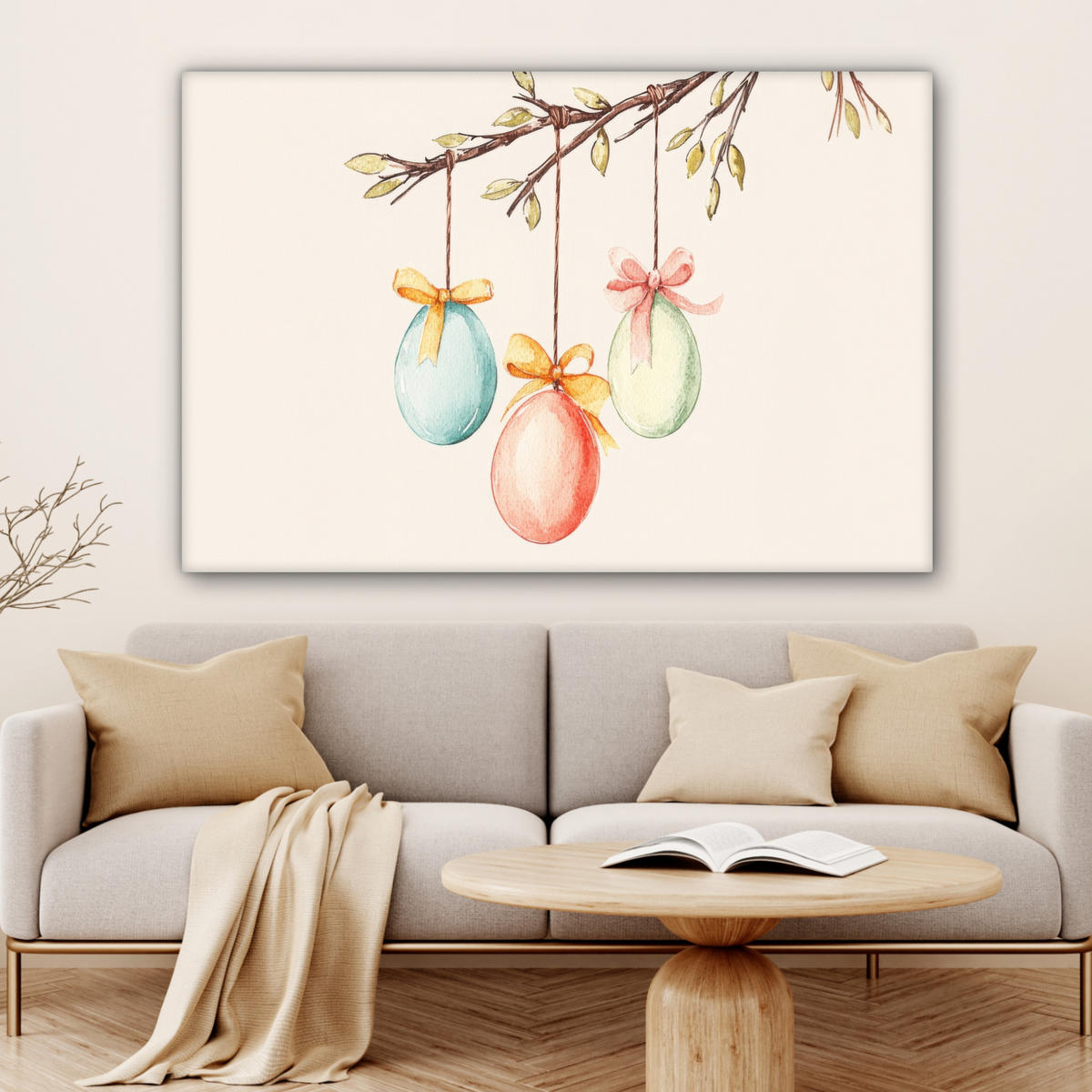 LEINWANDBILD Osterkuchen - Schleife - Eier XXL 150x100 cm - Creme, Textil (150/100cm) - MuchoWow