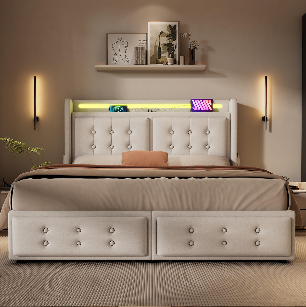 BETT mit LED, USB-C und 4 Schubladen 140x200 cm Beige - Beige, Metall (140/200cm) - Meubliv