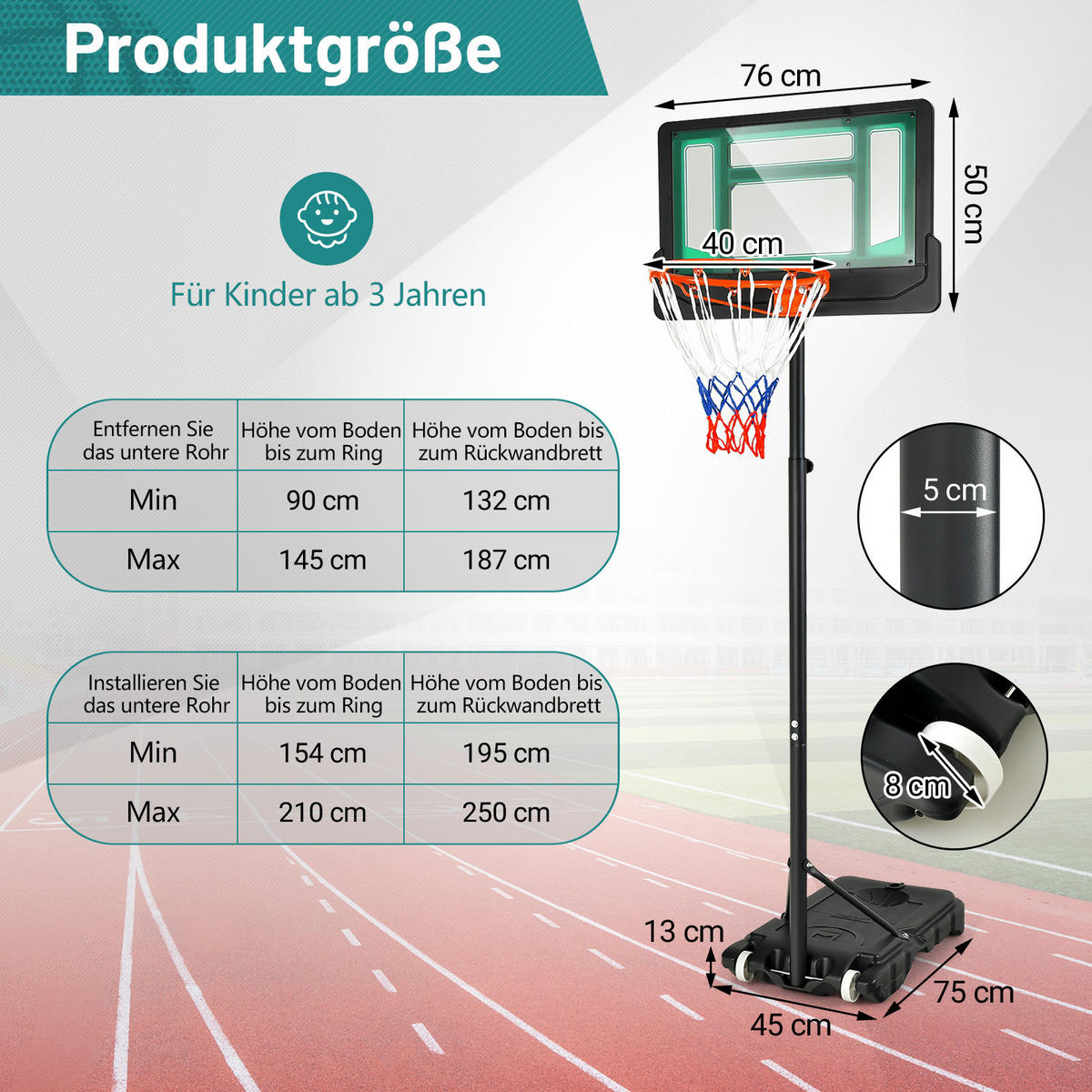 BASKETBALLKORB AUF RÄDERN Schwarz - Schwarz, Metall (45/75cm) - COSTWAY