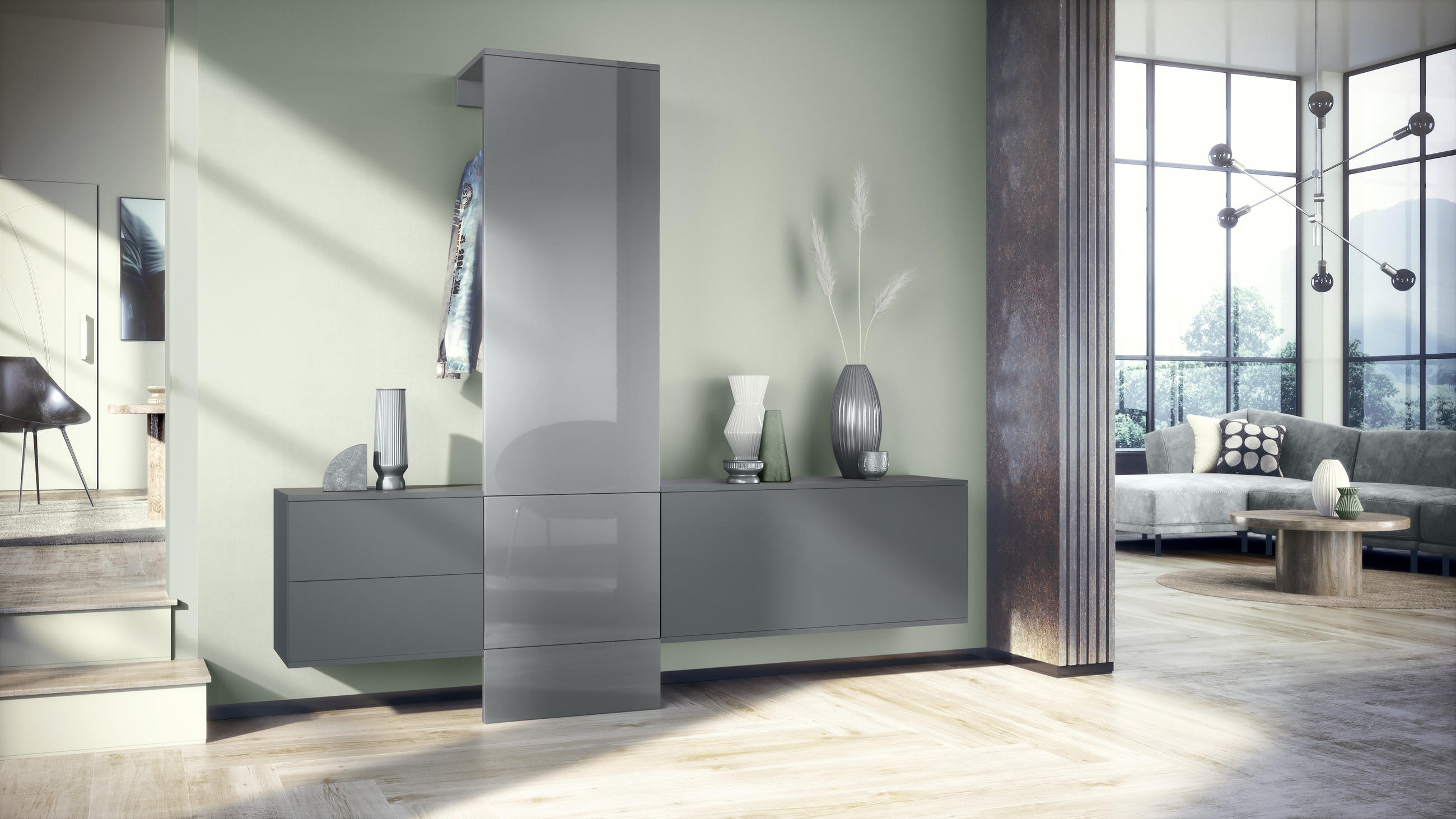 GARDEROBE DualVista Grau Hochglanz - Grau, Holzwerkstoff (208/193/35cm) - Vladon